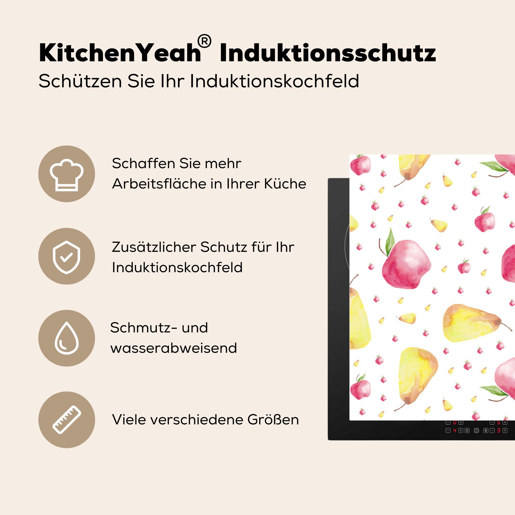 cm, Schutz - Birnen Herdblende-/Abdeckplatte Induktionskochfeld küche, Ceranfeldabdeckung (1 Vinyl, - tlg), Äpfel die MuchoWow Aquarell, für 81x52