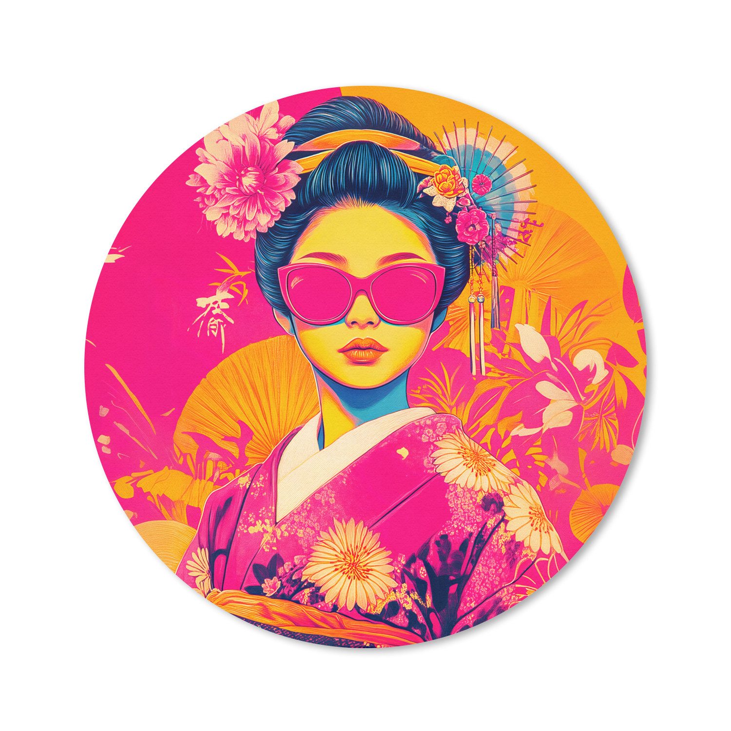 MuchoWow Mauspad Frau - Sonnenbrille - Abstrakt - Orange (1-St), Gaming, Rutschfester Unterseite, Mausunterlage, Rund 50x50 cm