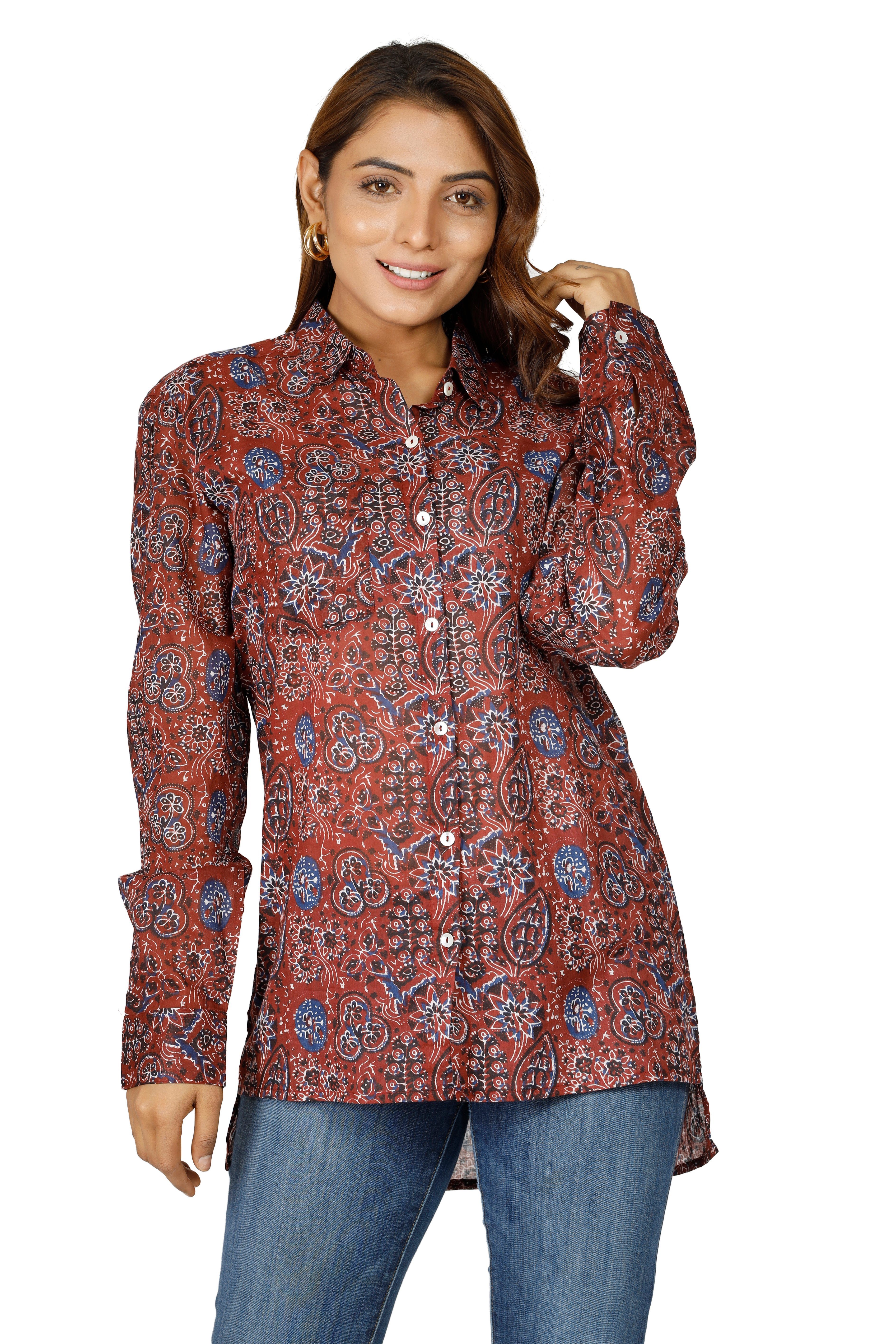 Guru-Shop Longbluse Langarmhemd, rostrot luftiges.. Handbedrucktes Boho Bekleidung alternative