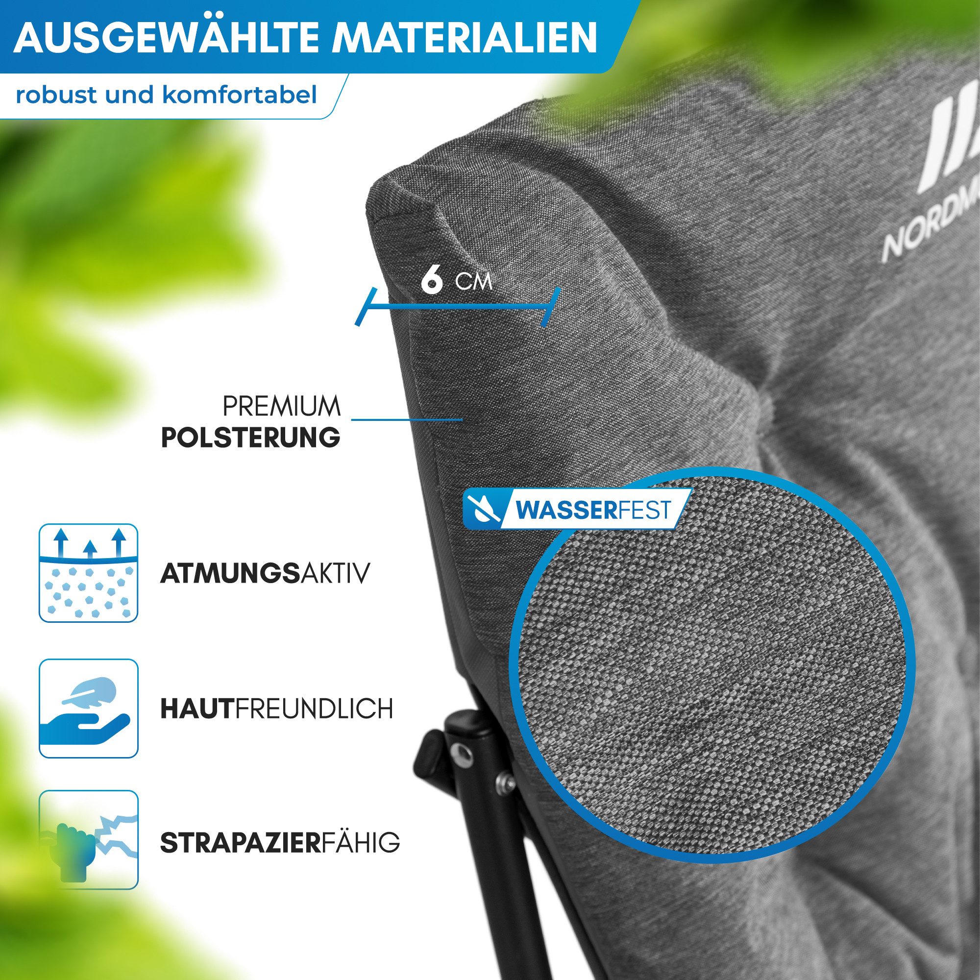 Nordmut Campingstuhl verstellbare Rückenlehne 4-fach, gepolstert, kompakt, Sitzen & Liegen (Spar-Set, 1 St), hohe Lehne, klappbar, 140kg belastbar, ergonomische Sitzform, Armlehne