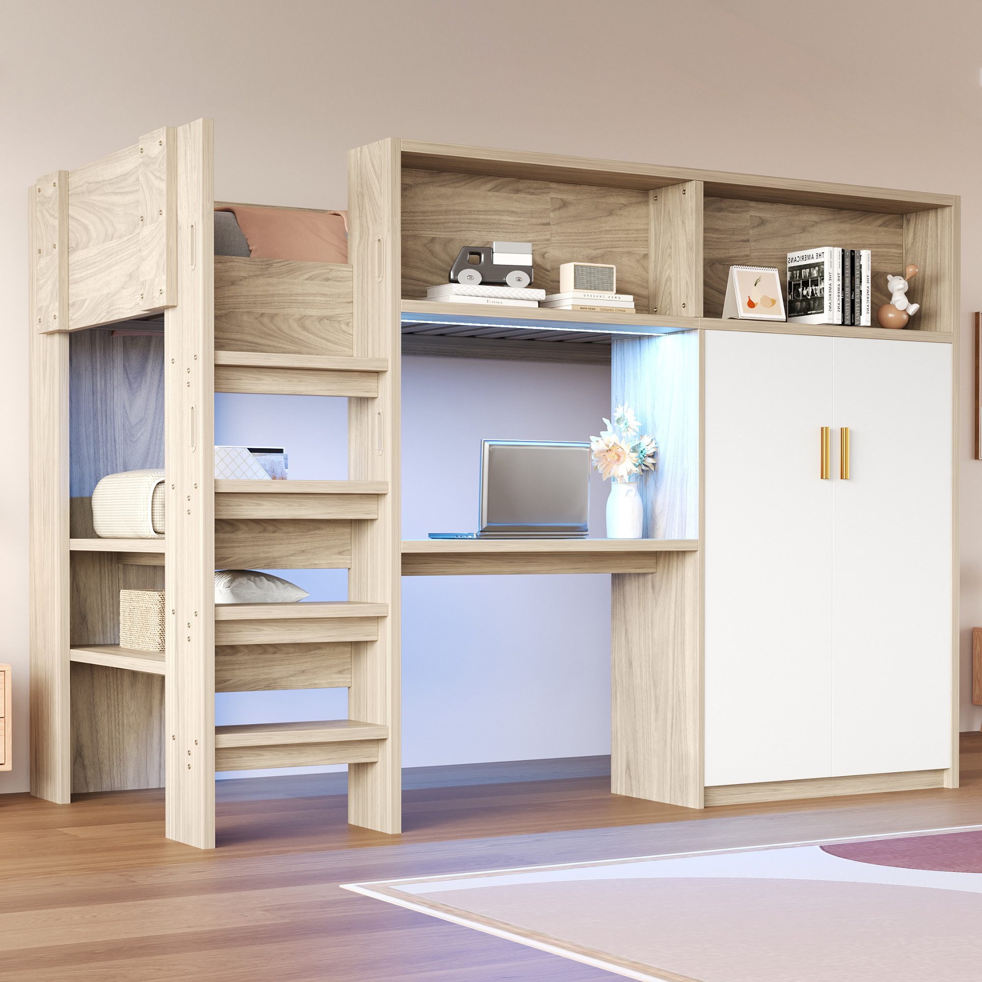 Flieks Hochbett viel Stauraum Kinderbett 90×200cm Kleiderschrank Schreibtis günstig online kaufen