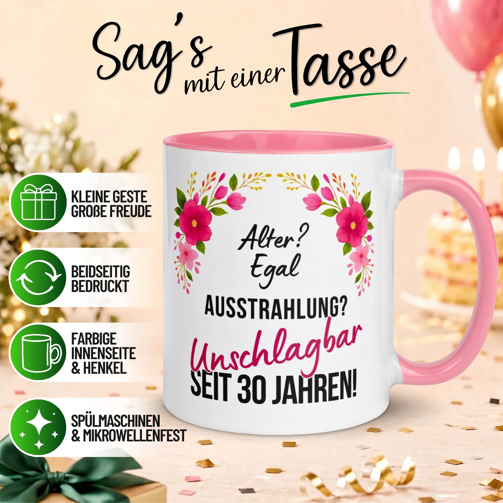 Momentals Tasse Geschenk zum 30. Geburtstag Frau – „Ausstrahlung einfach Unschlagbar“, Gratis Versand · Links-&Rechtshänder · Spülmaschinenfest