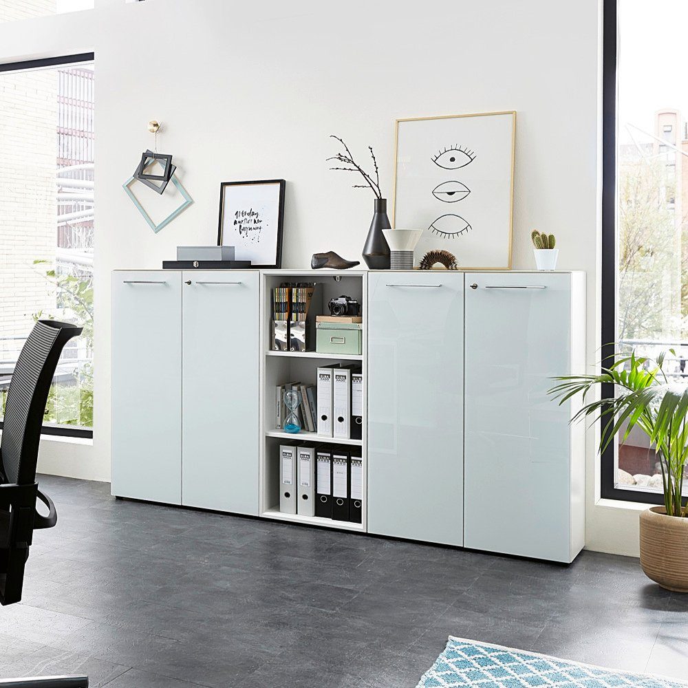 moebel-dich-auf Aktenschrank MONTERREY (Büroschrank Büromöbel, 2) Set Oberboden und aus abschließbar, Front weiß Glas