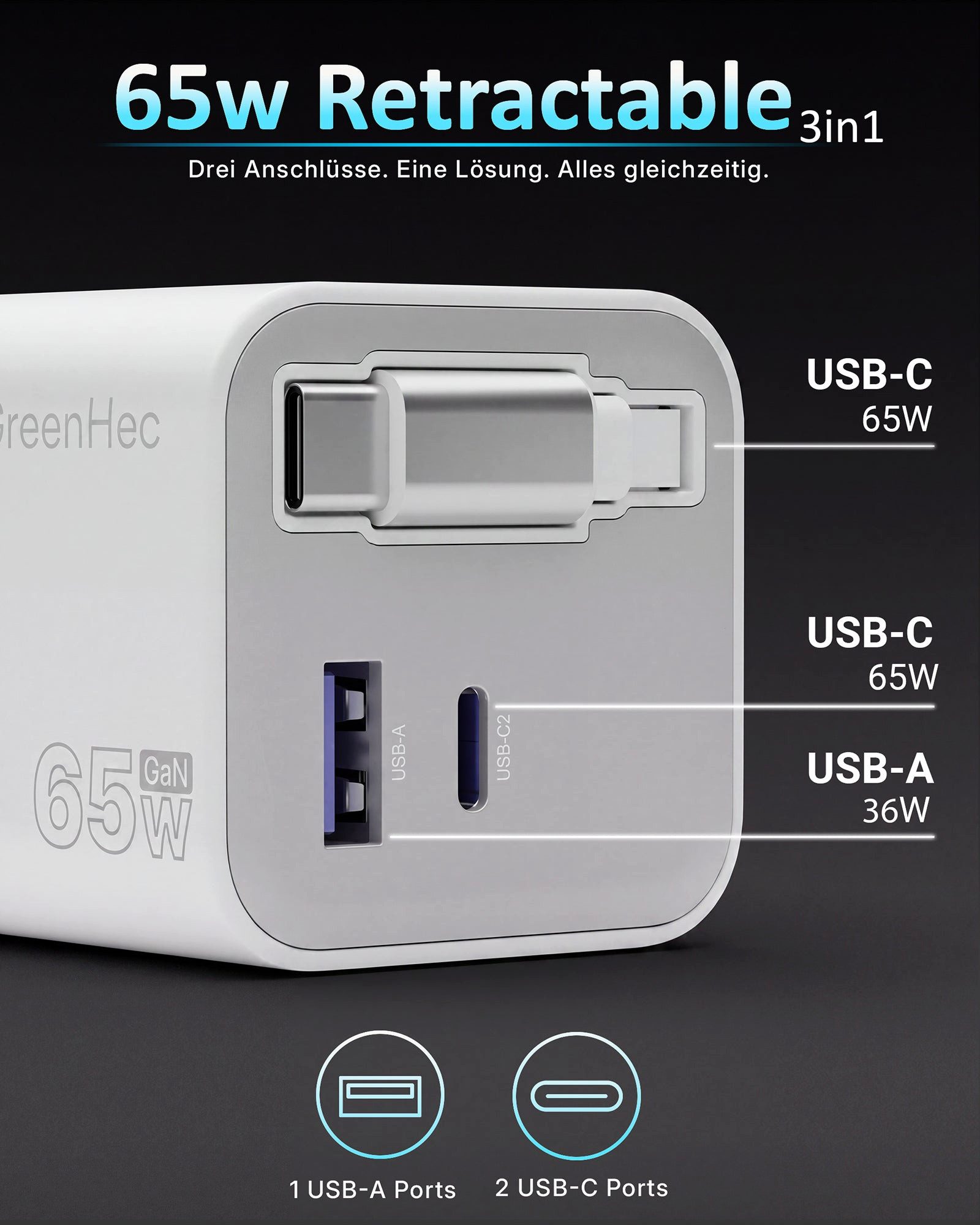 GreenHec 65w USB-C Ladegerät - Ausziehbares Kabel, GaN Schnell Charger Schnelllade-Gerät (50 mA, Spar-Set, Universelle Kompatibilität, Netzteil, 3 Port Stecker, – Bild 5 von 5