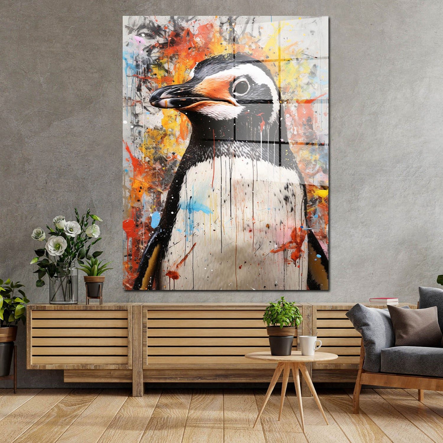 Artedinoi Acrylglasbild Pinguin Acrylglasbild Wandbild Abstrakt Bunt Tier Modern XXL, Ein kleiner Pinguin in farbenfroher, abstrakter Malweise.