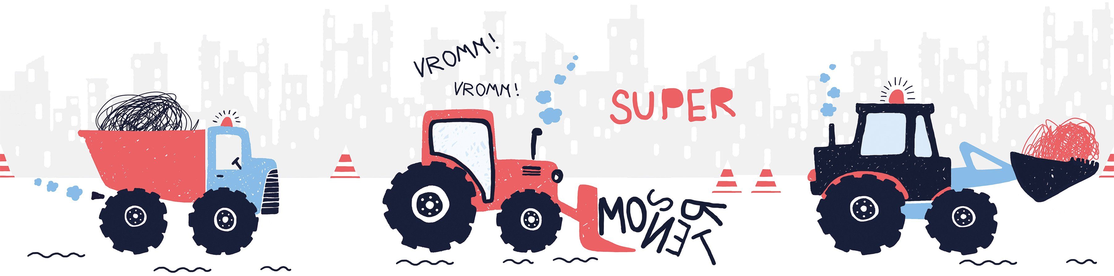 A.S. Création Bordüre Super Tractor, glatt, Motiv, abstrakt, naturalistisch, Papier Wand Schräge Tür Borte Wohnzimmer Schlafzimmer Küche Flur Optik