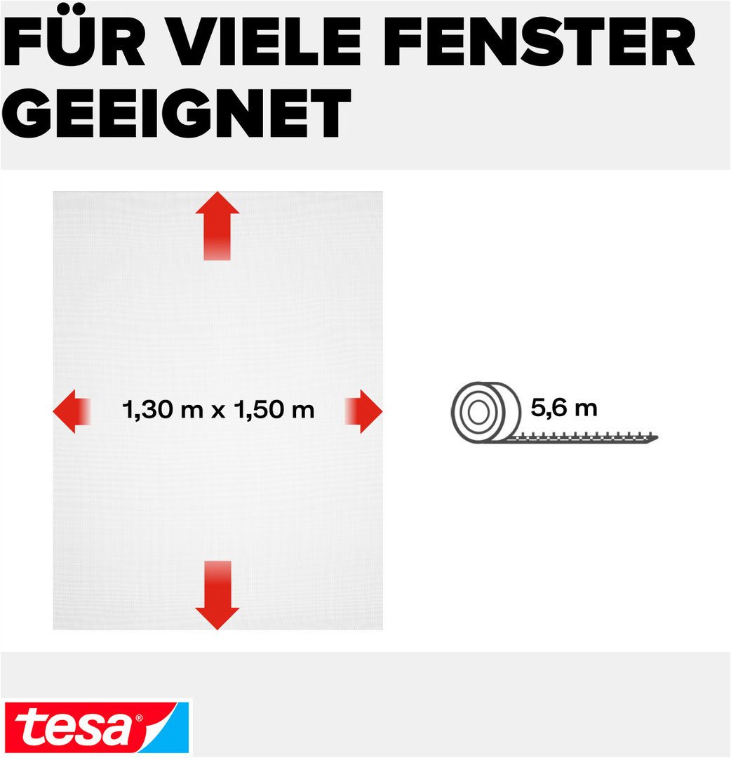 tesa Insektenschutz-Fensterrahmen Insect Stop Standard Fliegengitter für Fenster - 1.3 m : 1.5 m, (Packung, 1-St., Fliegennetz, Klettband), Insektenschutzgitter - Fliegenetz ohne Bohren - zuschneidbar