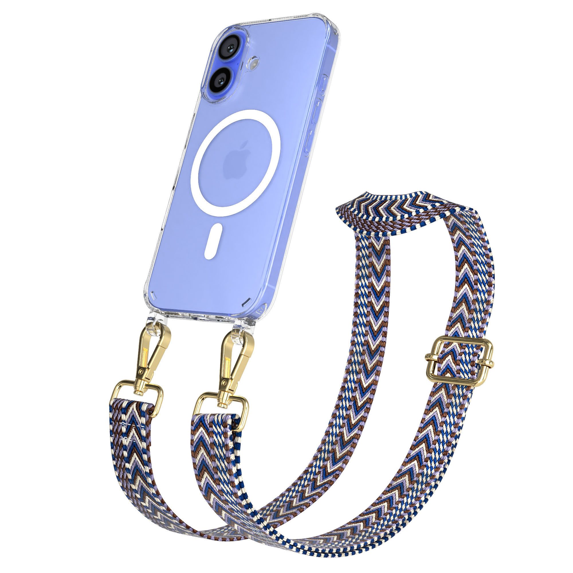 EAZY CASE Handykette Umhängeband MagSafe Hülle für Apple iPhone 16 6,1 Zoll, Handyband zum Wechseln mit Hülle tranparent MagSafe Festivalband Blau