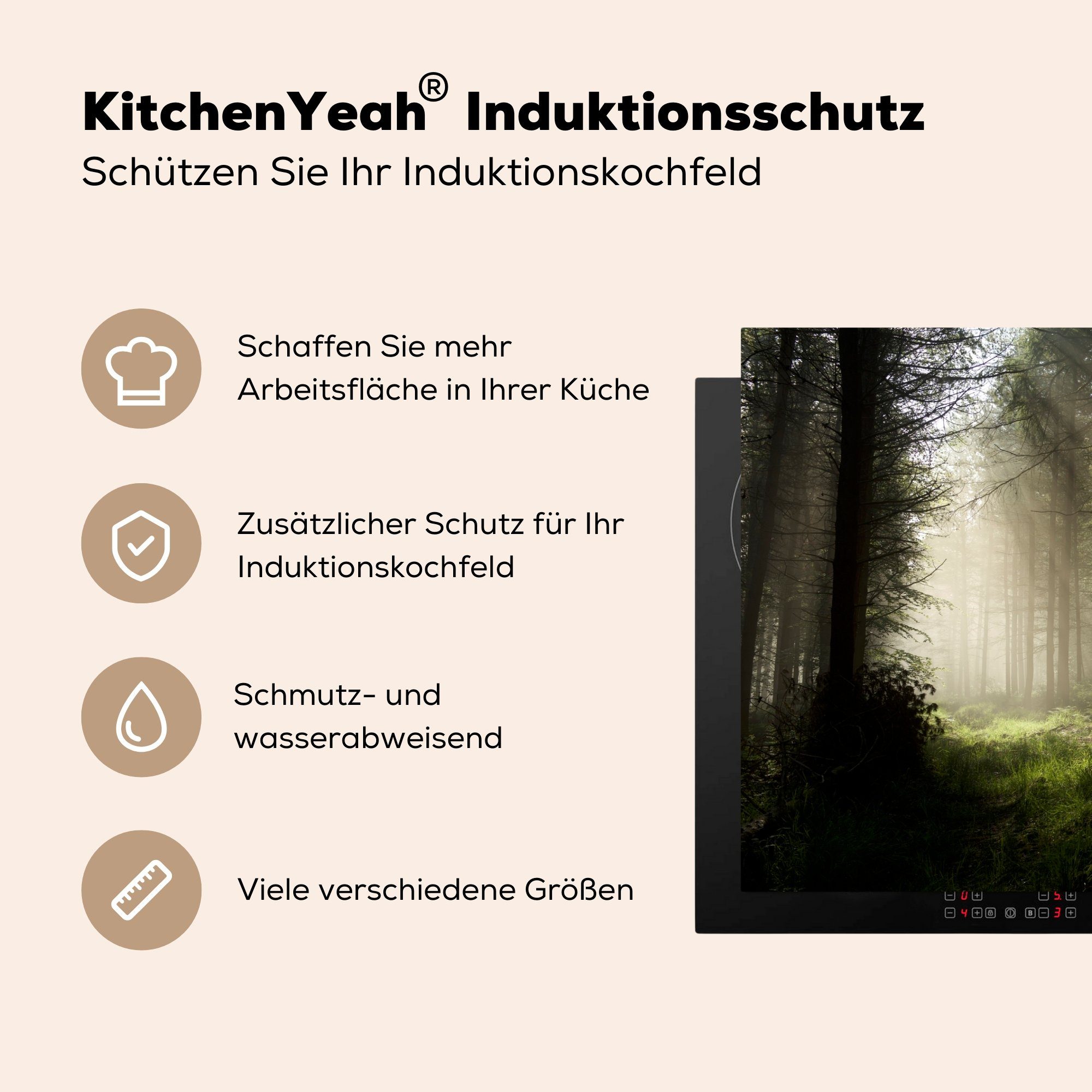 Herdblende-/Abdeckplatte küche, 81x52 (1 für Nebel, - Induktionskochfeld Vinyl, die Baum tlg), Ceranfeldabdeckung cm, Wald - MuchoWow Schutz