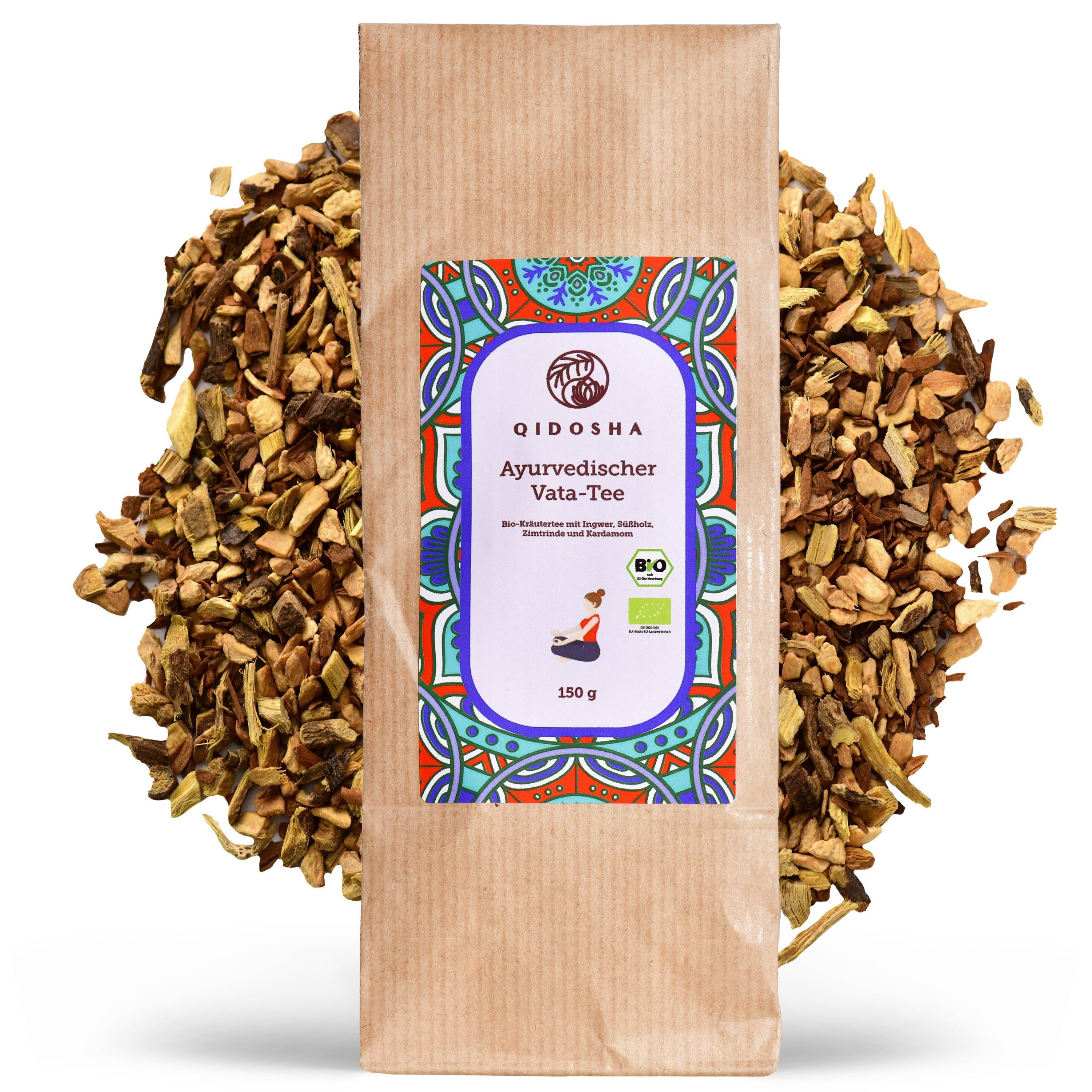 QIDOSHA Ayurvedischer Vata-Tee Loser Tee, BIO-QUALITÄT - Ingwer, Süßholz, Zimtrinde, Kardamom - Beruhigend & Wärmend - Zimt Ingwer à 150 g