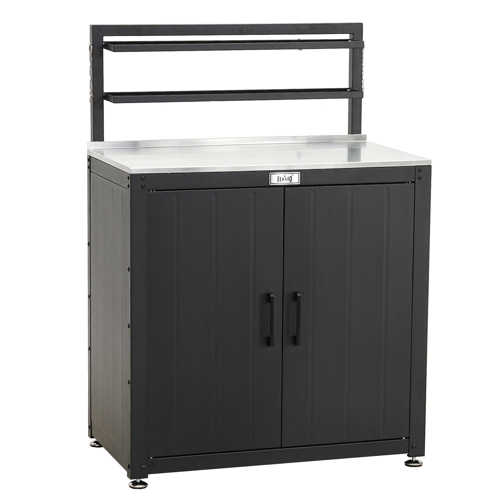 Feasto Servierwagen Wetterfester Gartenschrank mit Edelstahl-Arbeitsfläche 80x48x113 cm, klappbares Oberregal, verstellbare Standfüße, großer Gartenstauraum