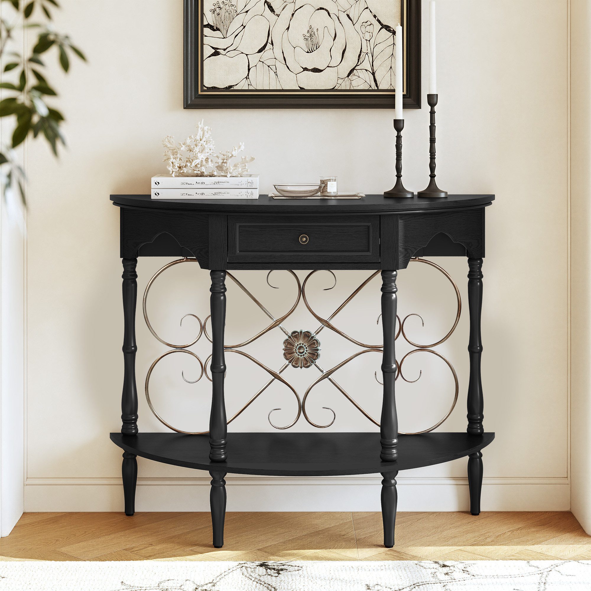 HOLTICO Konsolentisch mit Floralen Metallverzierungen, für Flur, Diele, Wohnzimmer, Braun (1-St), mit Schubladen und Floralen Metallverzierungen