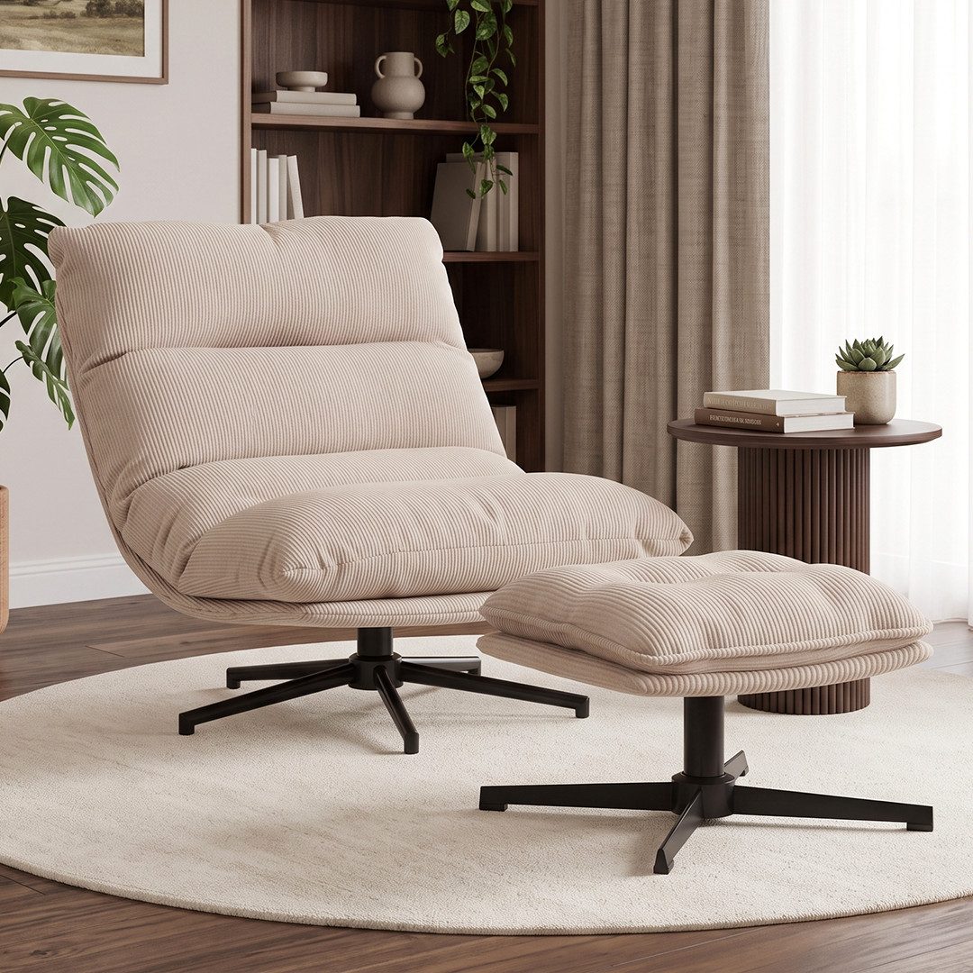 skølm Relaxsessel Hnoss mit Steppnähten, ausklappbar 4 Positionen, 360°drehbar, Cord (beige mit Hocker), Loungesessel mit Fußablage, gepolstert, verstellbare Rückenlehne