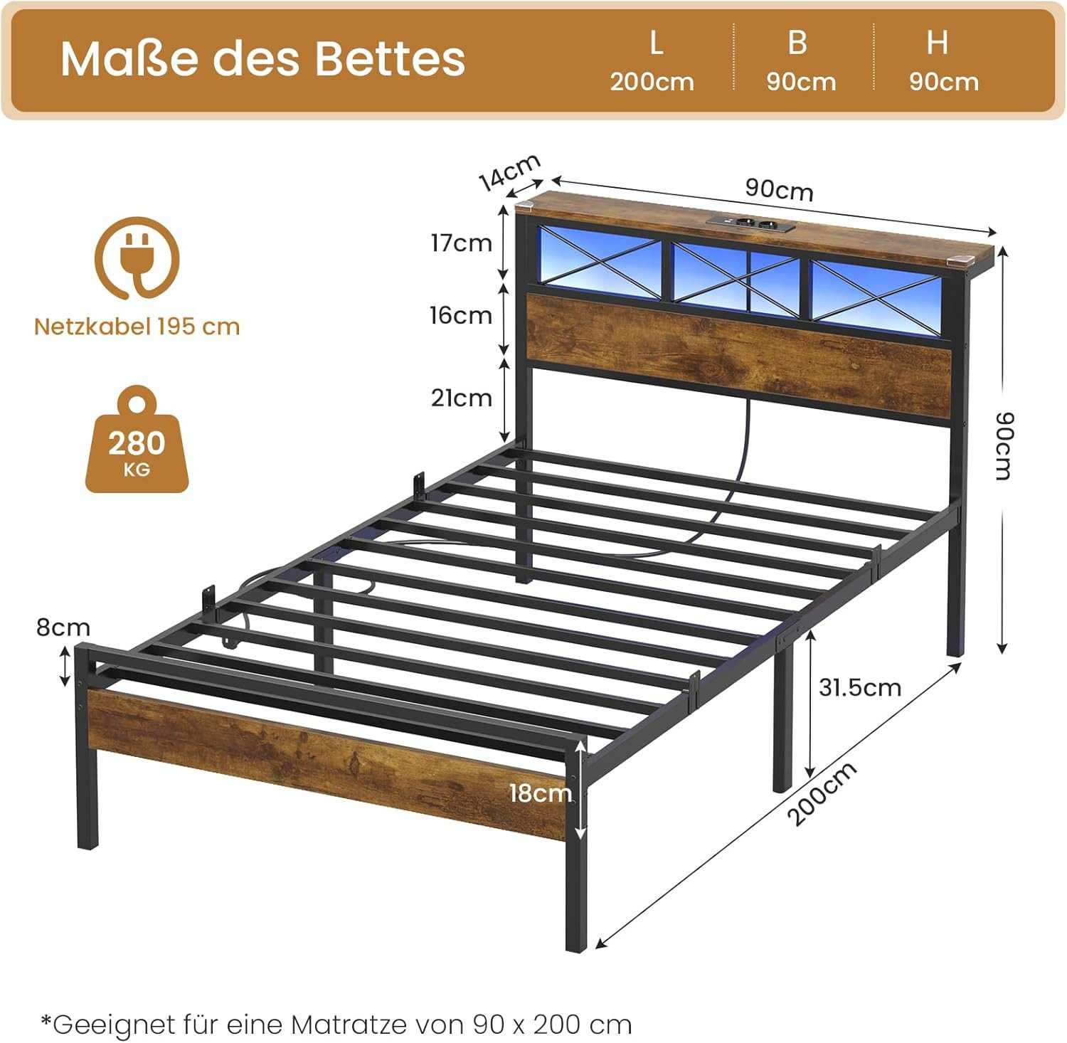 MSMASK Metallbett Bettgestell mit LED Beleuchtung und Steckdose USB-Anschlü günstig online kaufen