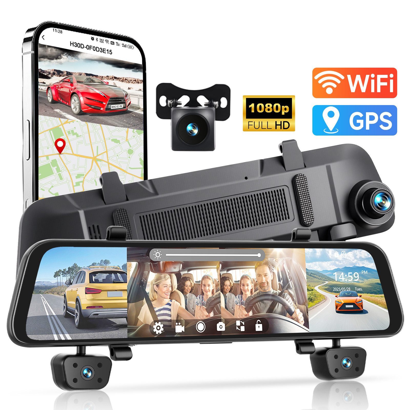 Dashcam Auto GPS 12 zoll HD Rückspiegel-Dashcam 4 Kanal, G-Sensor Dashcam
