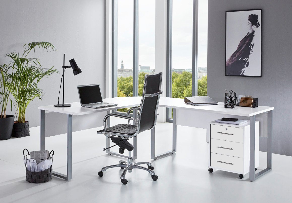 OFFICE Schreibtisch (in montierbar weiß Rollcontainer), verschiedenen Farben, wechselseitig matt weiß inkl. 2-St., moebel-dich-auf EDITION /
