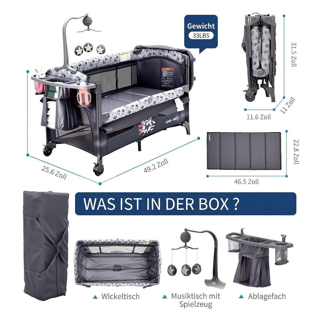 GarveeMore Babybett 5-in-1 Reisebett, faltbares Babybett für Babys mit Wickeltisch, Wiegefunktion,Hängespielzeug, 4 verstellbaren Höhen
