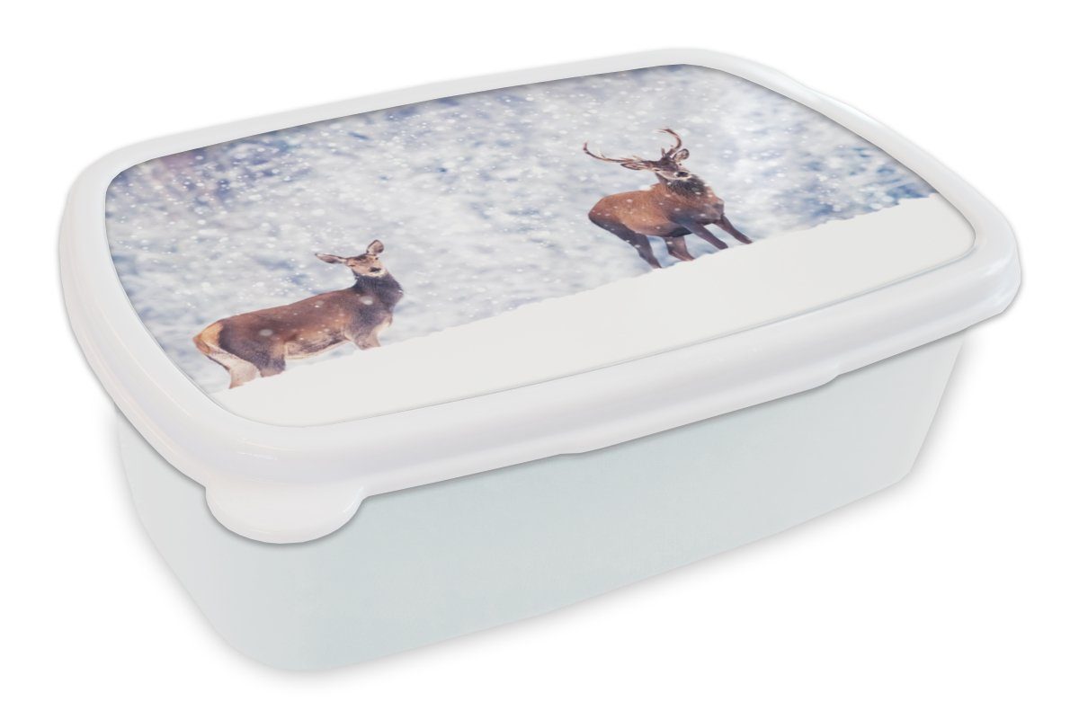 MuchoWow Lunchbox Hirsche - Tiere - Schnee, Kunststoff, (2-tlg), Brotbox für Kinder und Erwachsene, Brotdose, für Jungs und Mädchen weiß