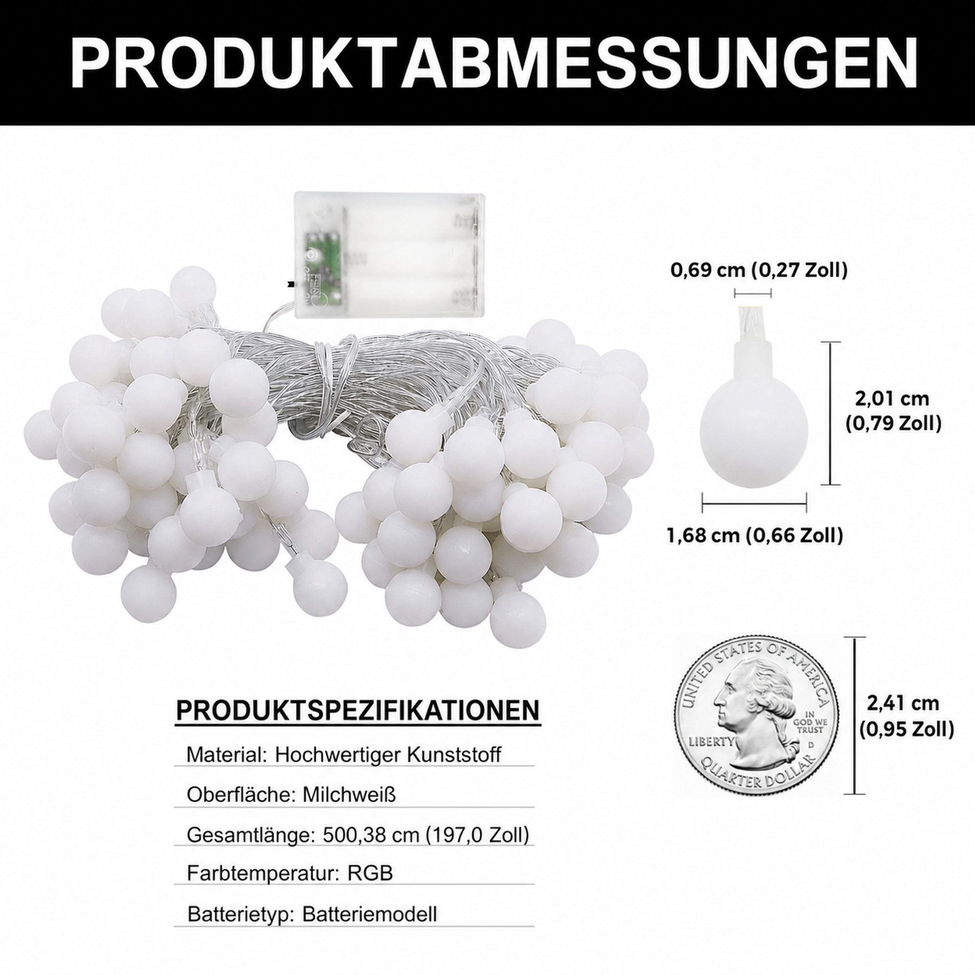 LOHAS-LED Lichterkette 40-LED-Kugel-Stimmungslicht für Feste & Balkon, 40-flammig, 4,1 m /später 4,3 m, Batterie & USB, RGB, IP65 wasserdicht