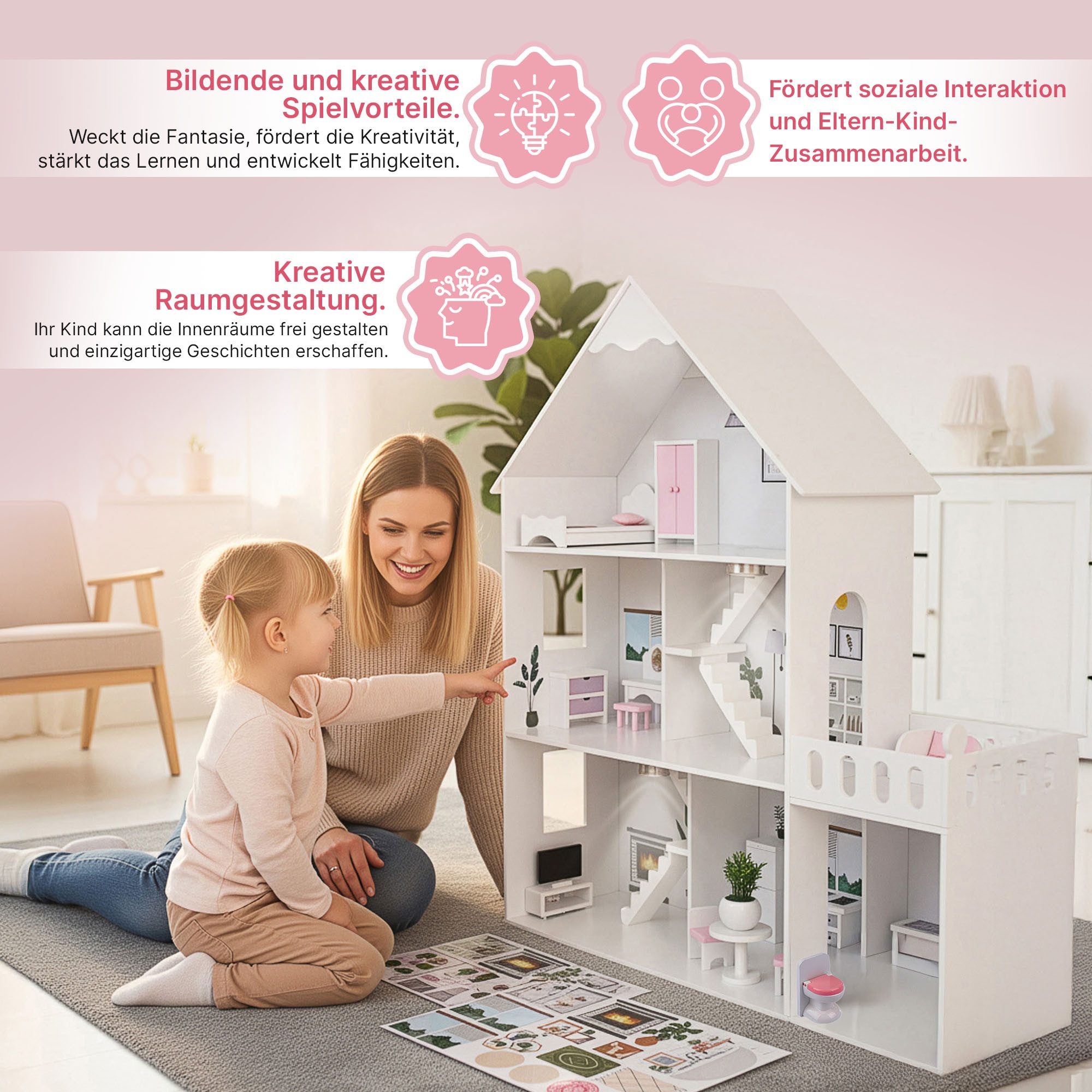 Green Series Puppenhaus Puppenhaus Holz Groß – LED Traumvilla – Kinderzimmer Deko – Zubehörset – Bild 5 von 5