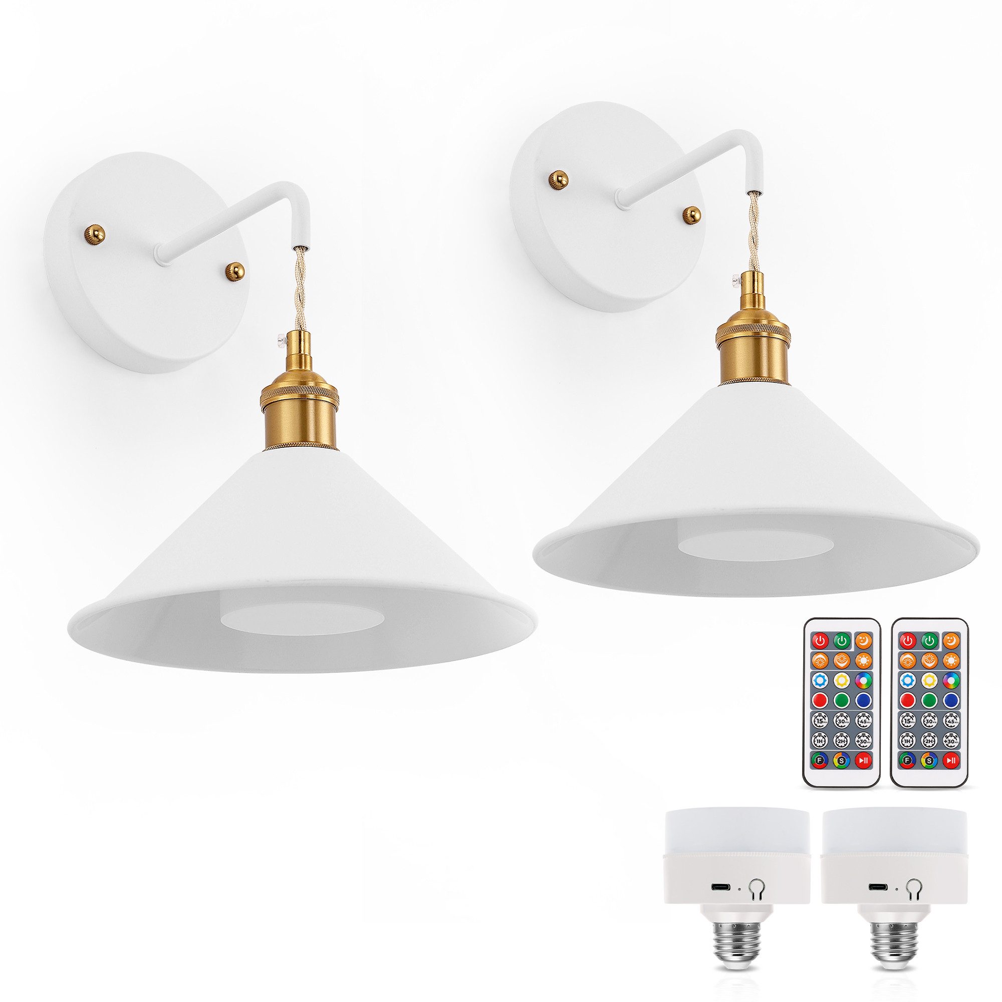 LOHAS-LED Wandleuchte 2er Set kabellose Akku-Wandlampen mit kegelförmigem Lampenschirm, LED wechselbar, Warmweiß bis Kaltweiß mit RGB-Farbwechsel, RGBCW dimmbar mit IR-Fernbedienung, E26 Aufladbirne