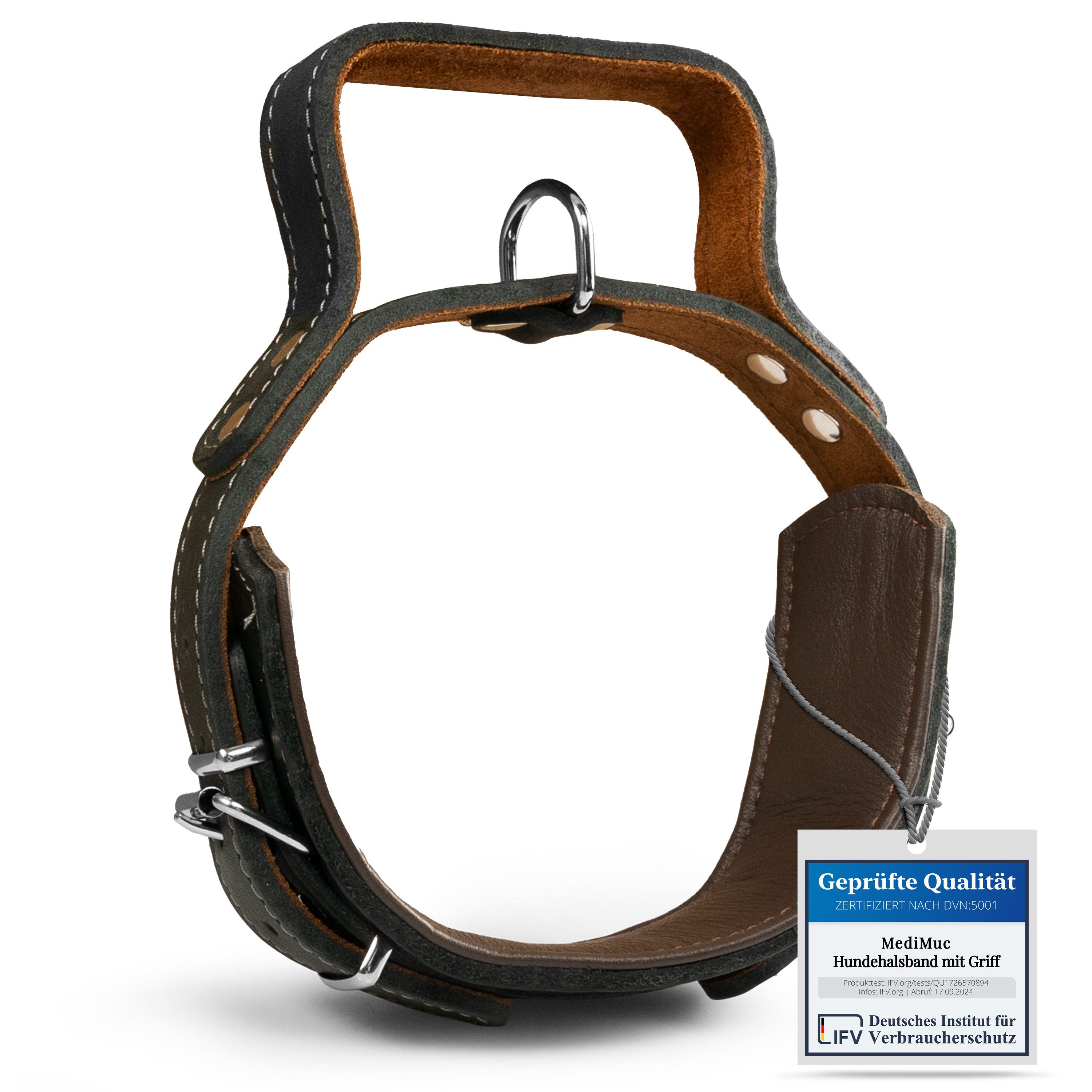 MediMuc Hunde-Halsband Hundehalsband mit Griff, Lederhalsband, Griffhalsband