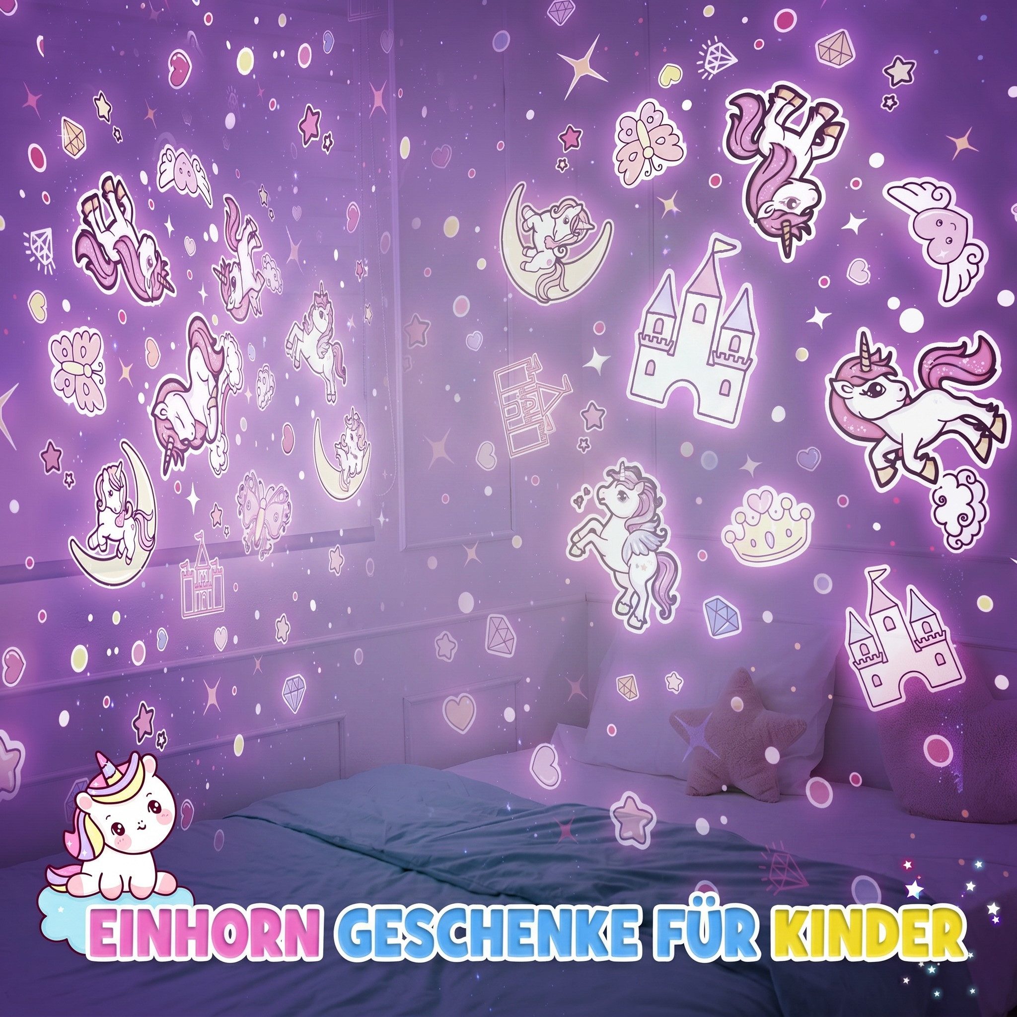 Wootoy LED Nachtlicht Einhorn Nachtlicht Projektor 360° rotierende Sternenprojektor Lampe, in Warmgelb Blau Rot und Grün, LED fest integriert, Farbwechsler, 360° rotierende Projektion 5 Lichtmodi 4 LED-Farben