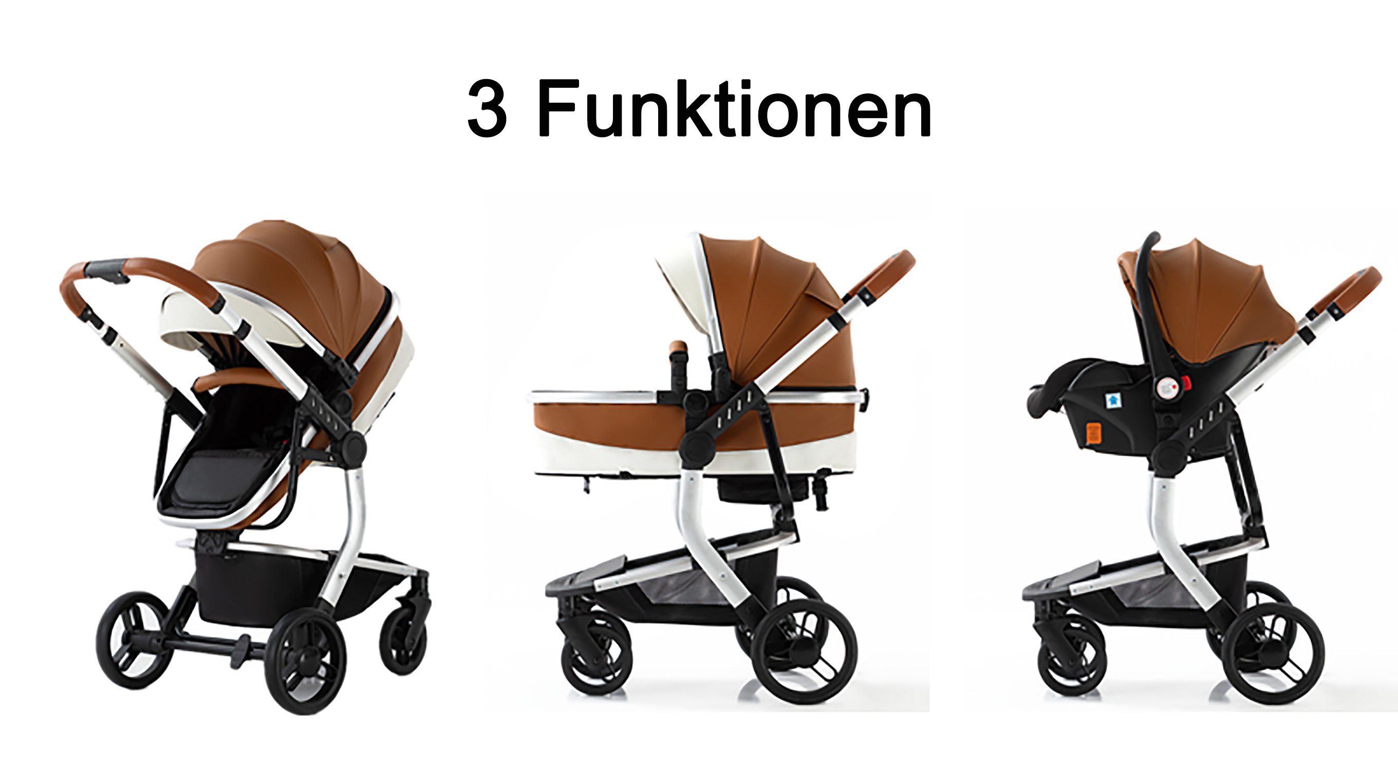 TPFFamily Kombi-Kinderwagen Babyschale Baby Buggy Babywanne 5-Punkt-Sicherheitsgurt Moskitonetz, Getränkehalter inkl. Zubehörset Kinderwagen 3 in 1 Kunstleder Grau