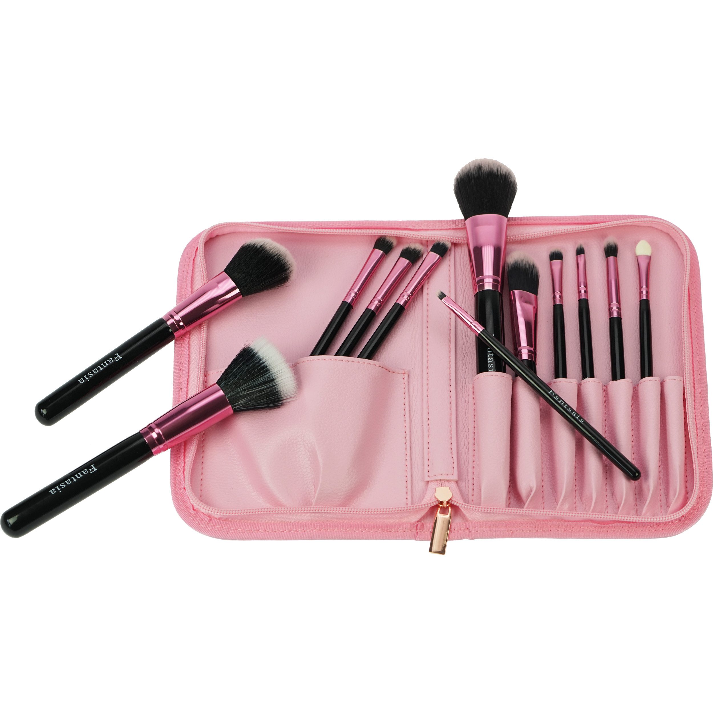 Fantasia Beauty Kosmetikpinsel-Set Pinsel-Set 12-tlg. mit Synthetic Haar, Rosa-Schwarz, in Tasche, Vegan, Synthetikhaar