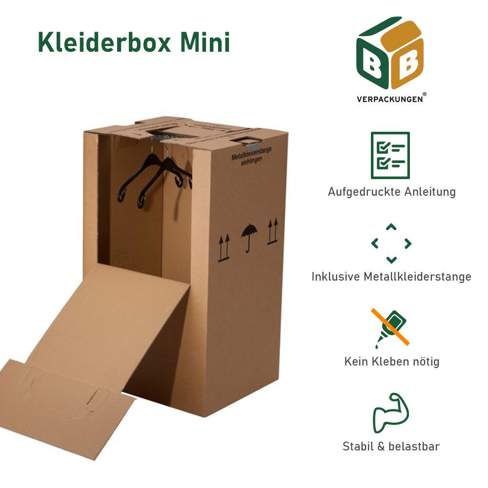 BB-Verpackungen Umzugskarton Kleiderbox Mini, 2-wellig, 40kg Traglast, 600 mm x 510 mm x 1000 mm