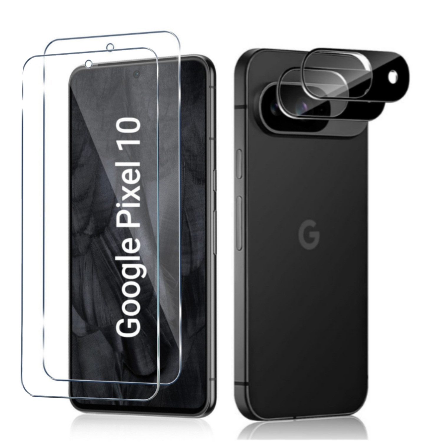 CLM-Tech Displayschutzglas 2X für Google Pixel 10 6,3 Zoll, Panzerfolie 2X Kameraschutz 4er Set Kameraglas Panzerglas 9H Glas Folie, 4 Stück, Anti-Fingerabdruck und blasenfreie Anbringung
