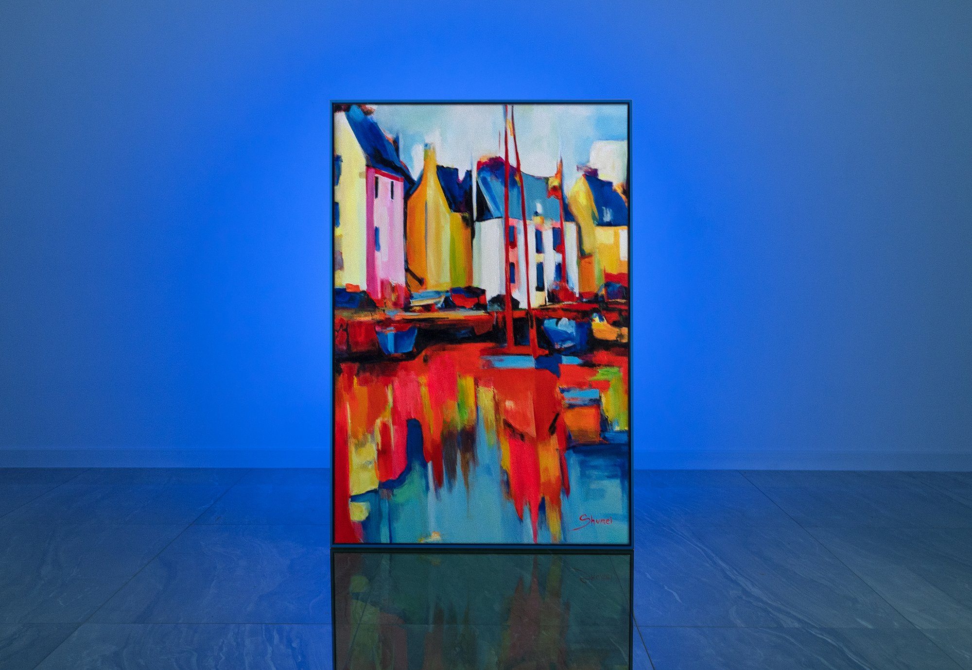 Gemälde YS-Art in und Blau Rahmen Abstraktion Hafen, Mit Yachten