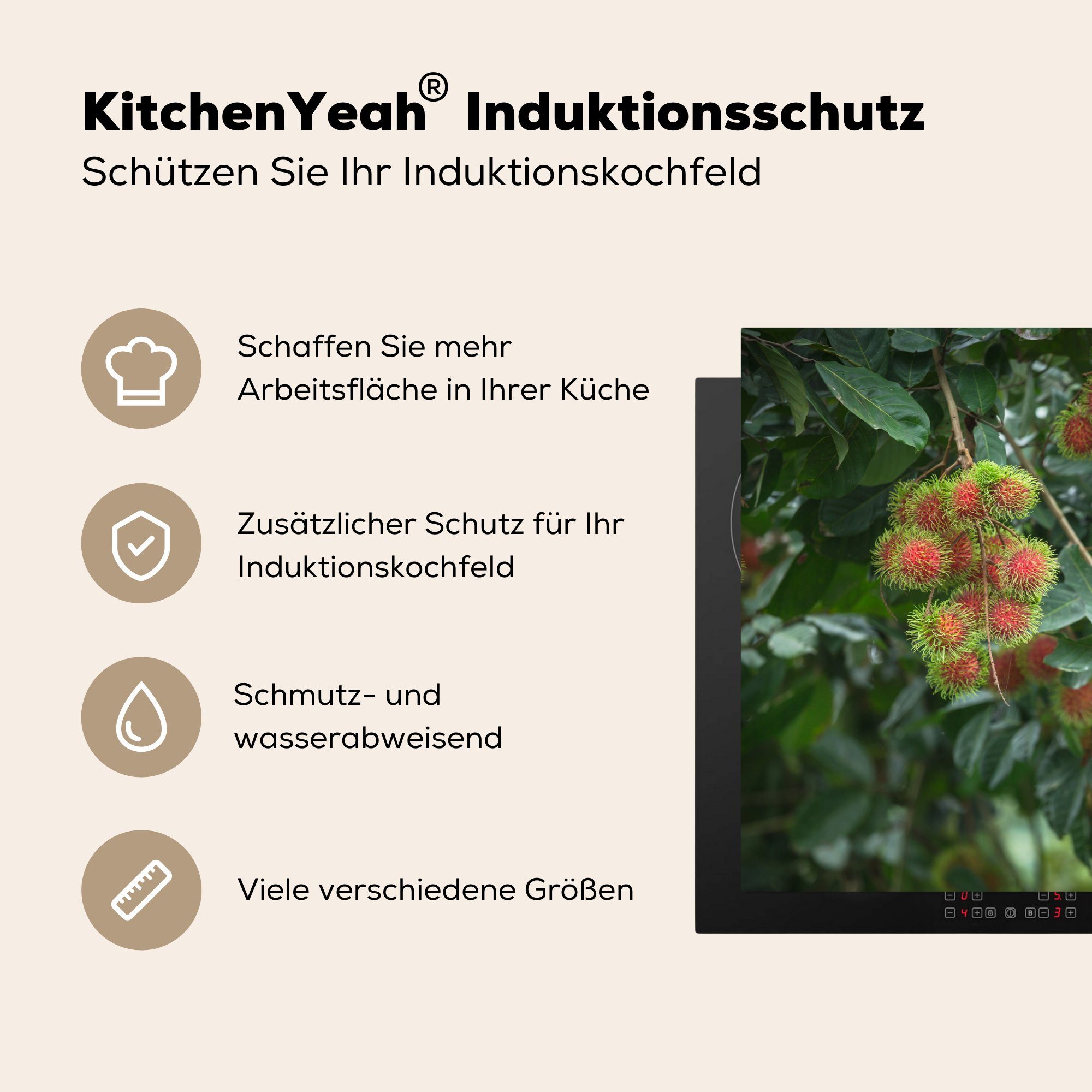 küche, tlg), (1 MuchoWow Induktionskochfeld Ramboetan-Frucht, Vinyl, Herdblende-/Abdeckplatte die Schutz für 81x52 cm, Ceranfeldabdeckung