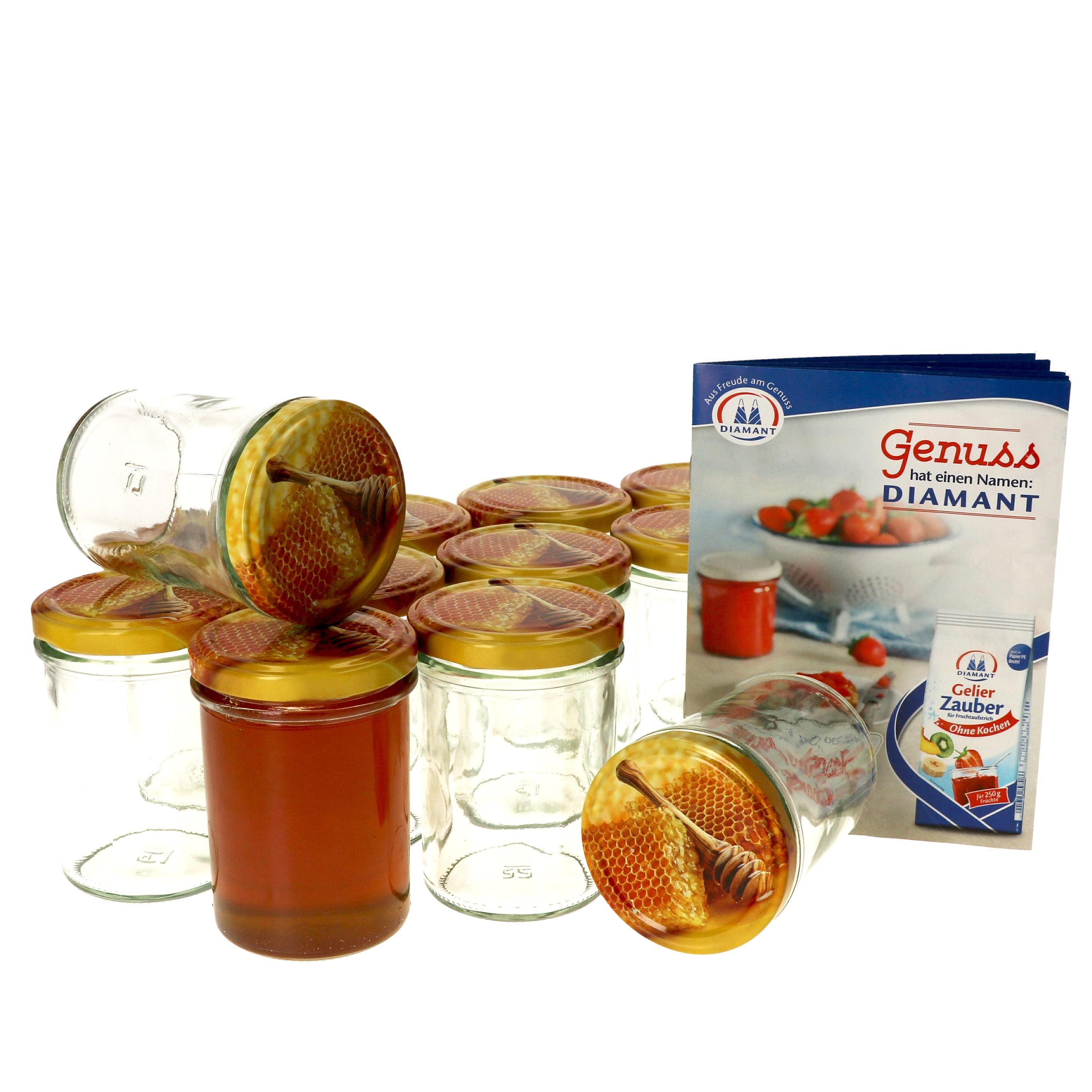 MamboCat Einmachglas 12er Set Sturzglas 230 ml HOCH Carino Deckel mit Honigwabe Rezeptheft, Glas