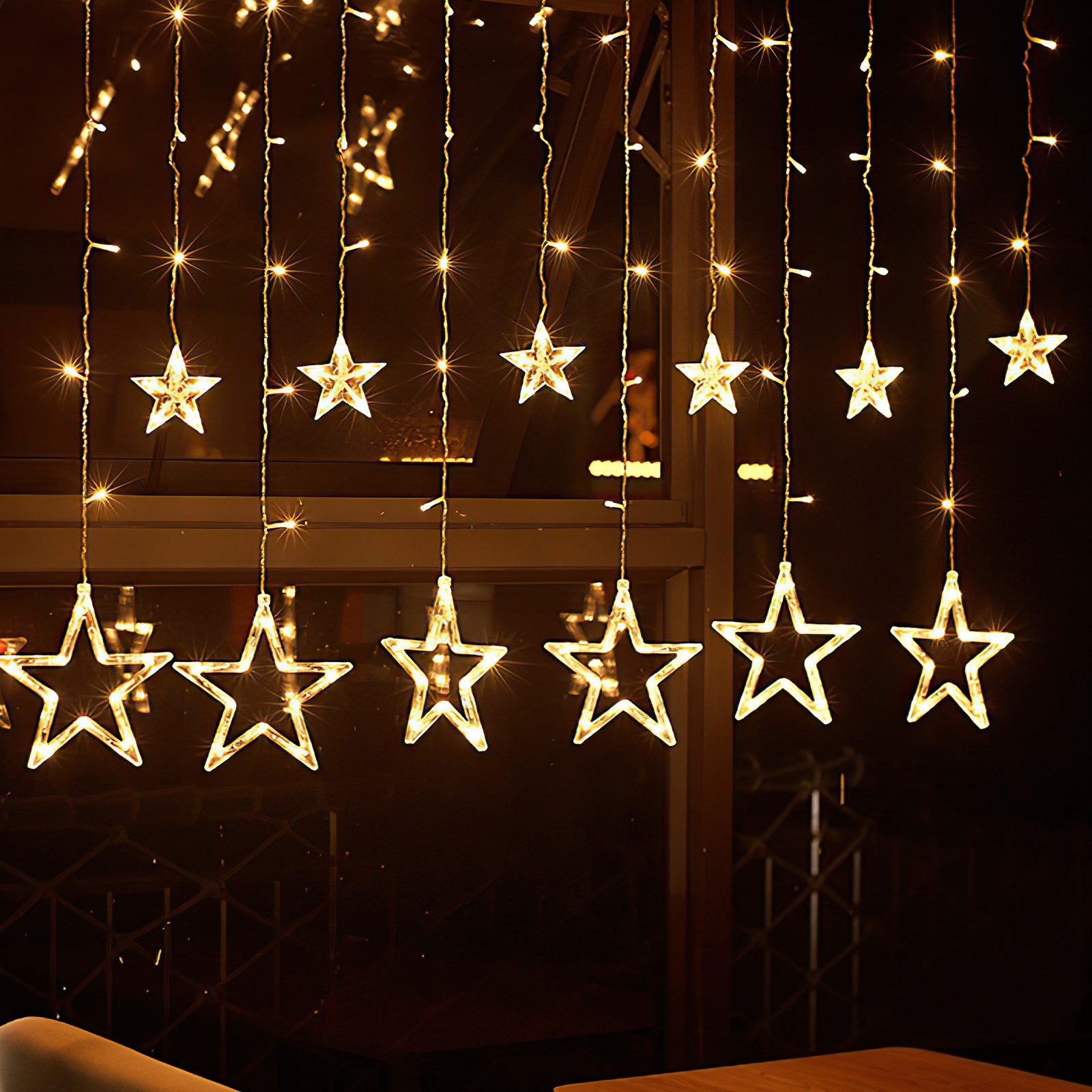 Clanmacy LED-Lichterkette 138 LED Lichterkette Sterne Lichtervorhang Außen Innen Weihnachtsdeko, 138-flammig