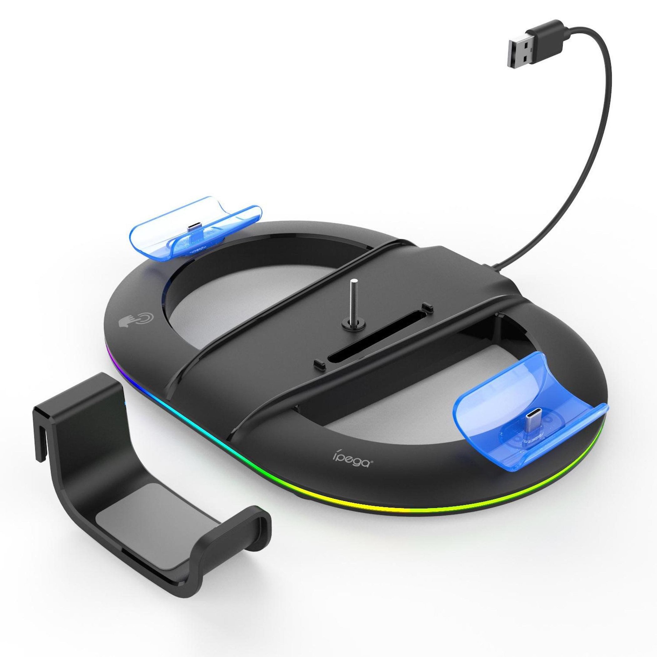 Wigento Vertical Stand PS5 Pro Slim Ladestation Controller RGB Schwarz Gaming-Adapter, 0 cm, Controller Ladefunktion, LED Licht, Kopfhörerhalter