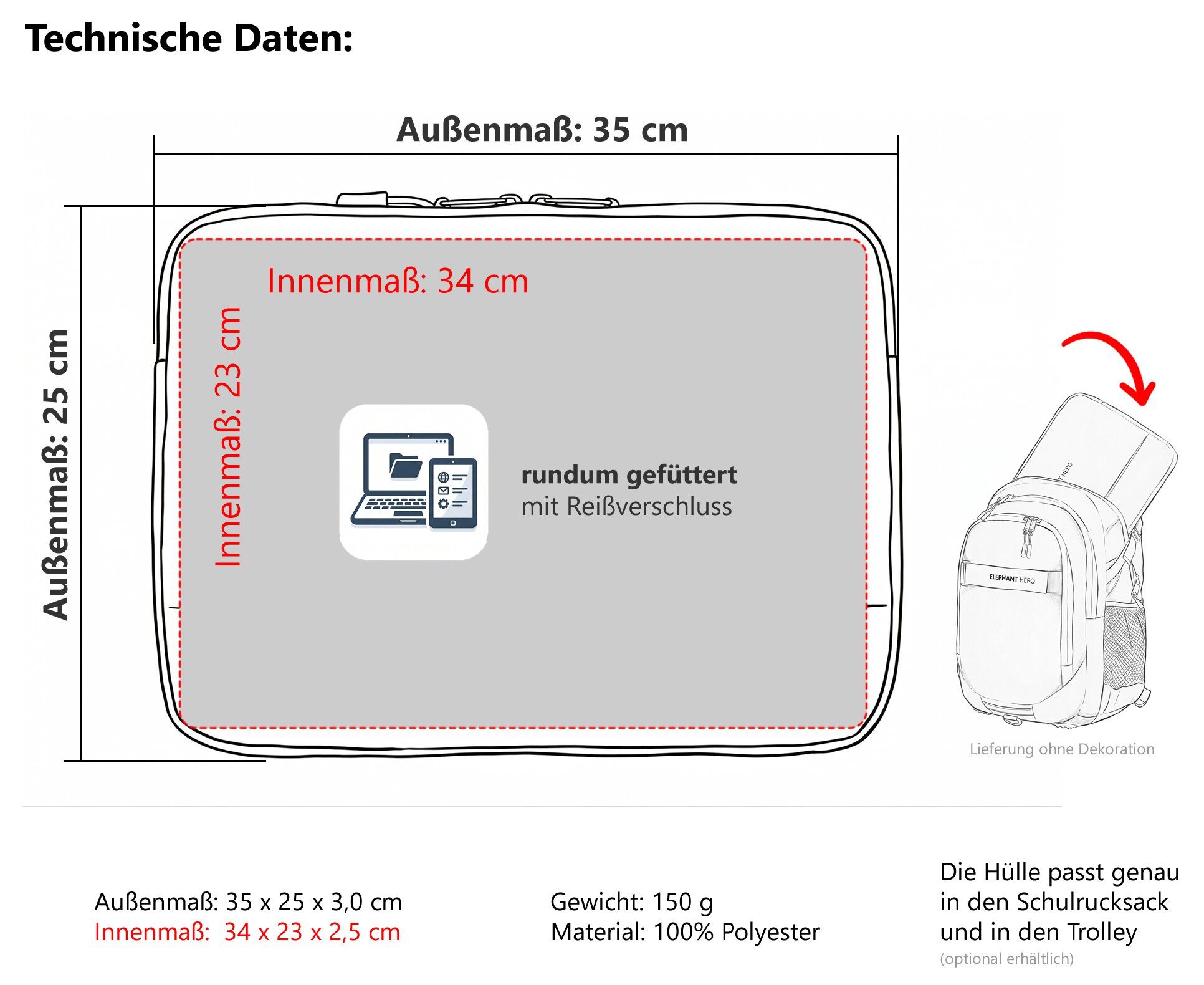 ELEPHANT Laptoptasche Laptophülle Polstertasche Sleeve, Schule Hero Signature Notebooktasche Schutzhülle für Laptop Tablet