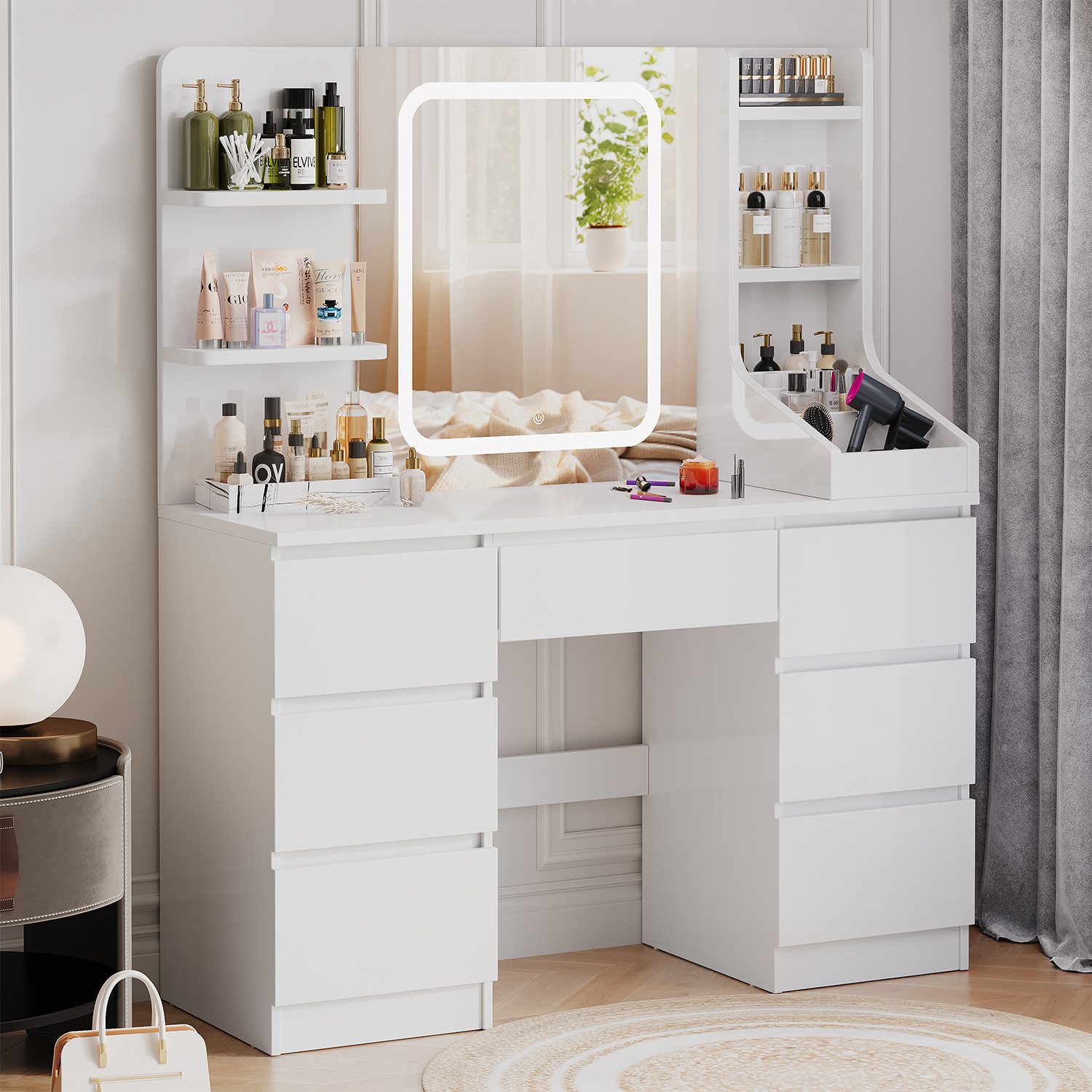 HOMALL Schminktisch Schminktisch Spiegel und LED Mit 7 Schubladen 8 Ablagefächern ostern (GroBe: 110 40*139 cm Einstellbare drei Farbtemperaturen, um thr perfektes Make-up zu prasentieren ostern geschenke)