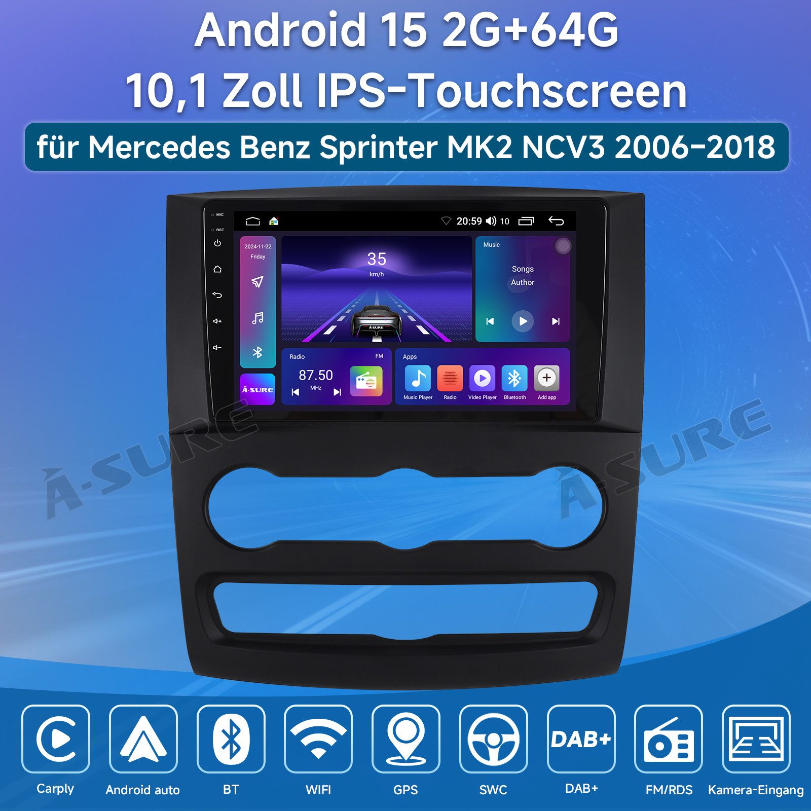 A-Sure 4/8 Core Android 15 Carplay Für Mercedes Benz Sprinter B906 2006-2016 Autoradio (DSP, RDS, Digitalradio (DAB), FM, AM)