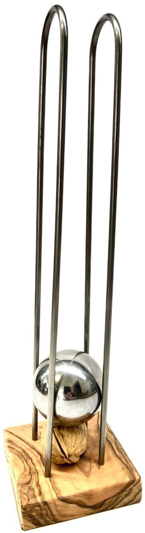 Olivenholz-erleben Nussknacker mit Edelstahl und Olivenholz, (2-tlg., Schwere Metallkugel, Olivenholz-Ständer mit Vertiefung für Nuss), Silbrige Kanonenkugel knackt die Nuss, Vertiefung im Brett