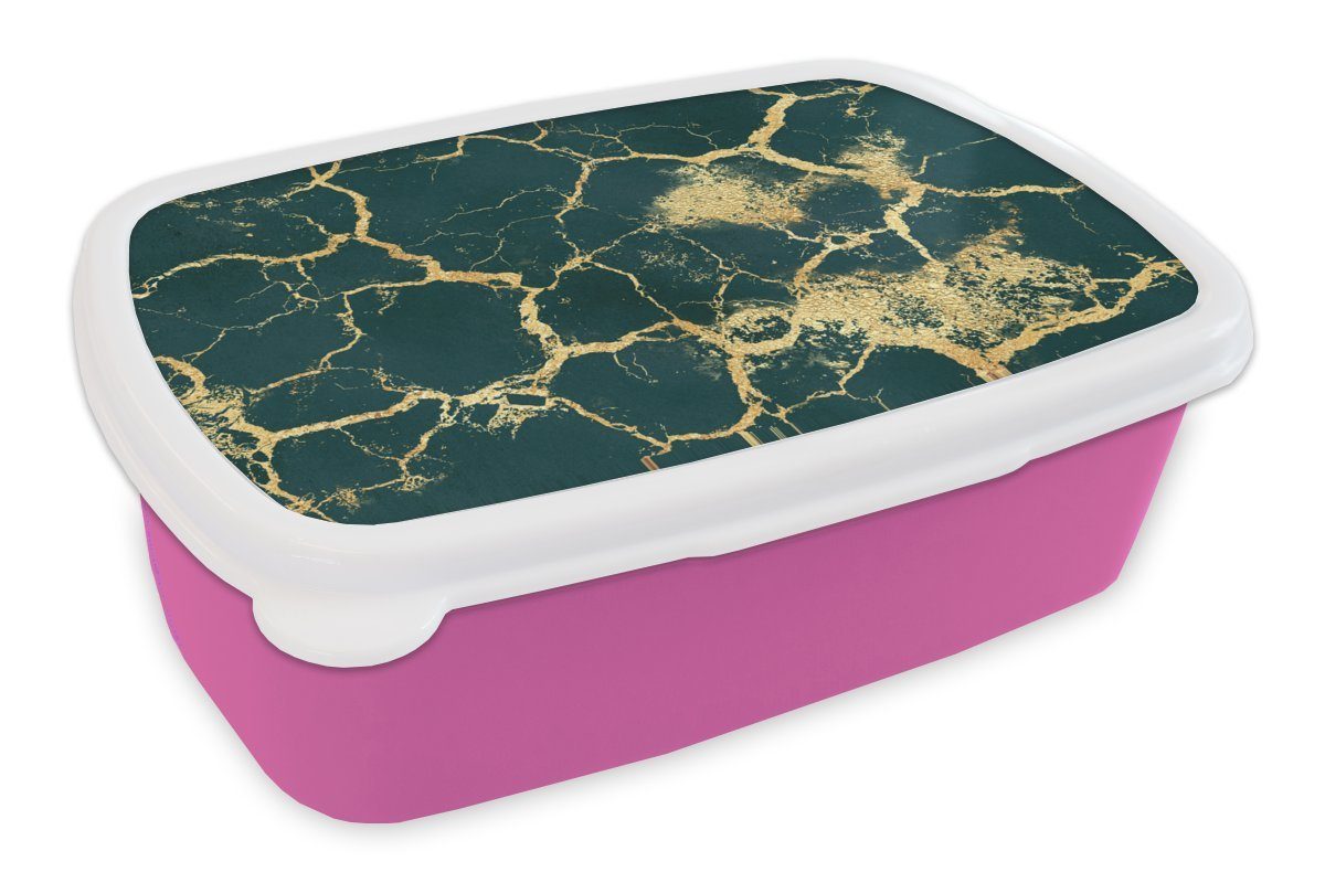 MuchoWow Lunchbox Marmor - Grün - Gold, Kunststoff, (2-tlg), Brotbox für Erwachsene, Brotdose Kinder, Snackbox, Mädchen, Kunststoff rosa
