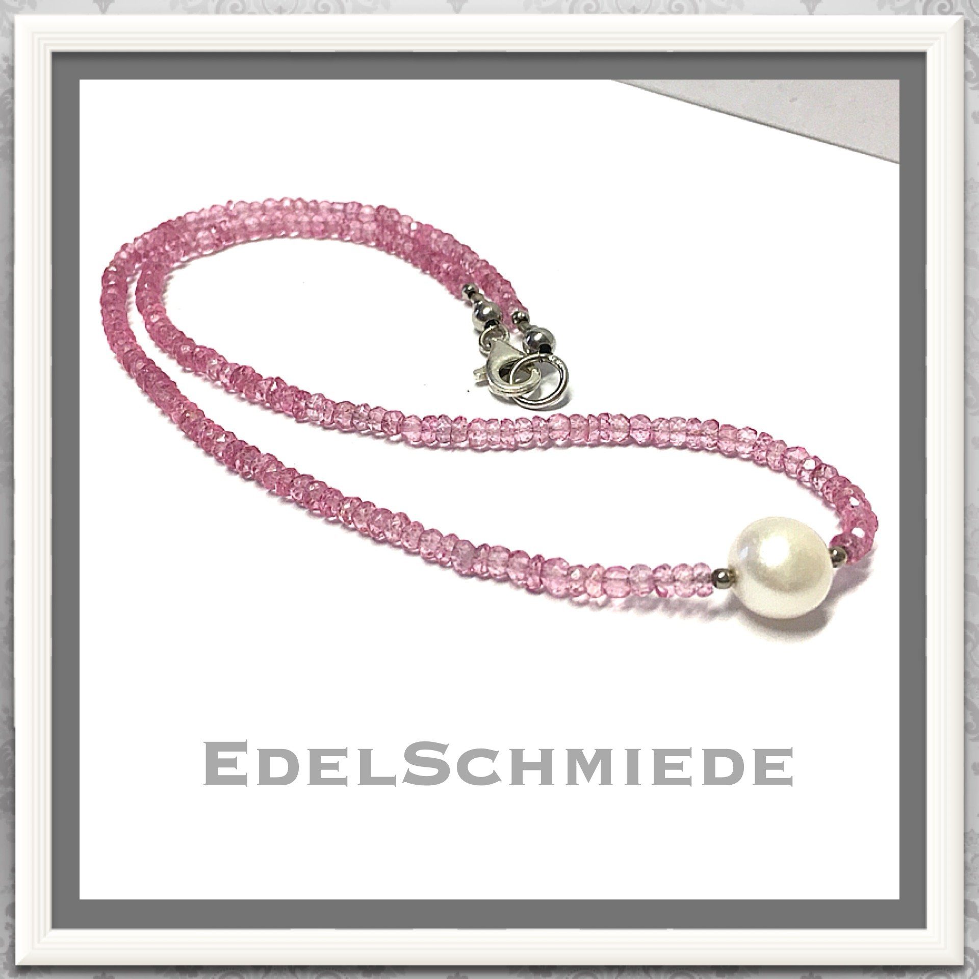Kette ohne Anhänger Pink Topas Kette + weiße Perle 925 Silber 44 cm Collier Edelstein