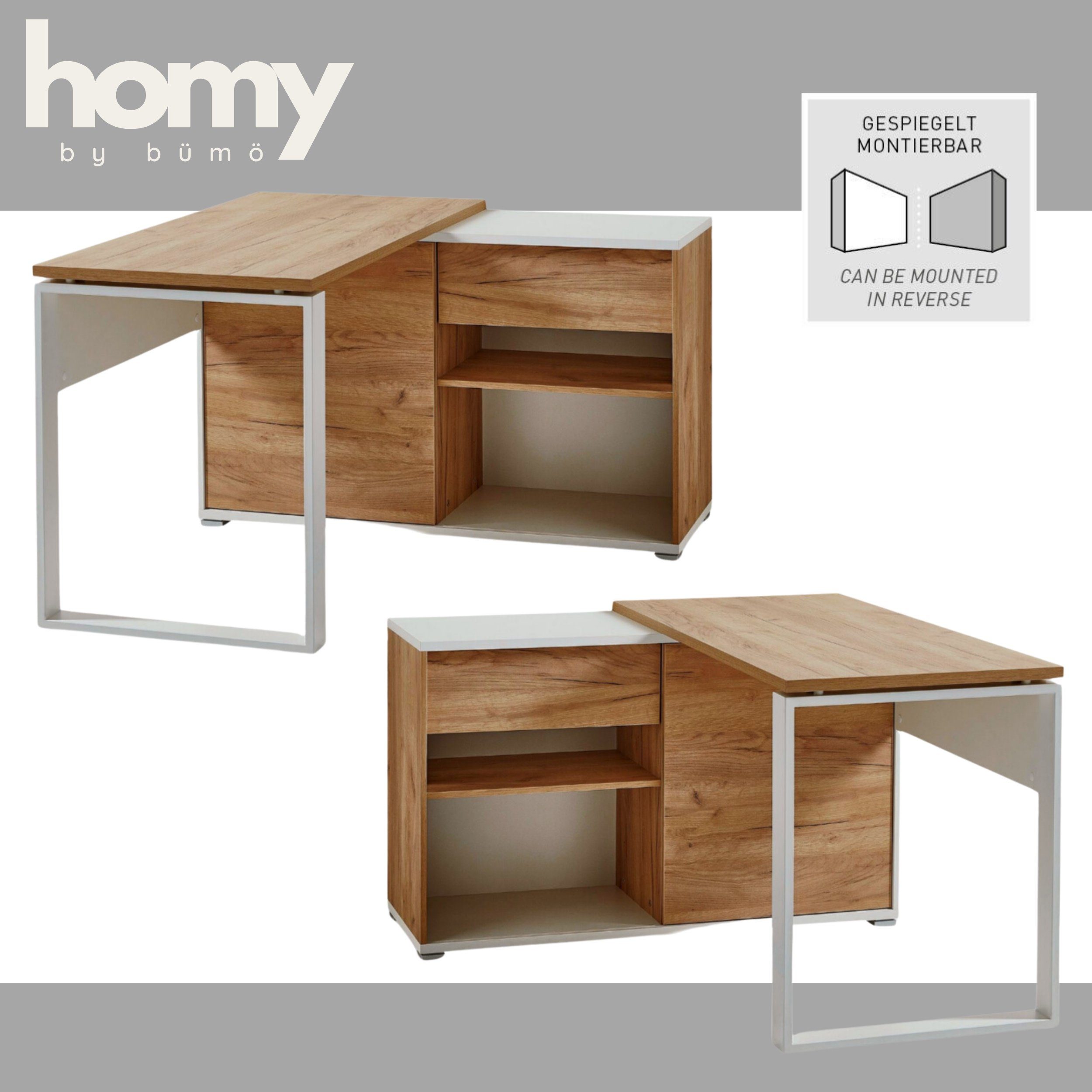 bümö Schreibtisch 4 Regalfächer in Schublade Sideboard 1 mit & Weiß-Eiche, Homy