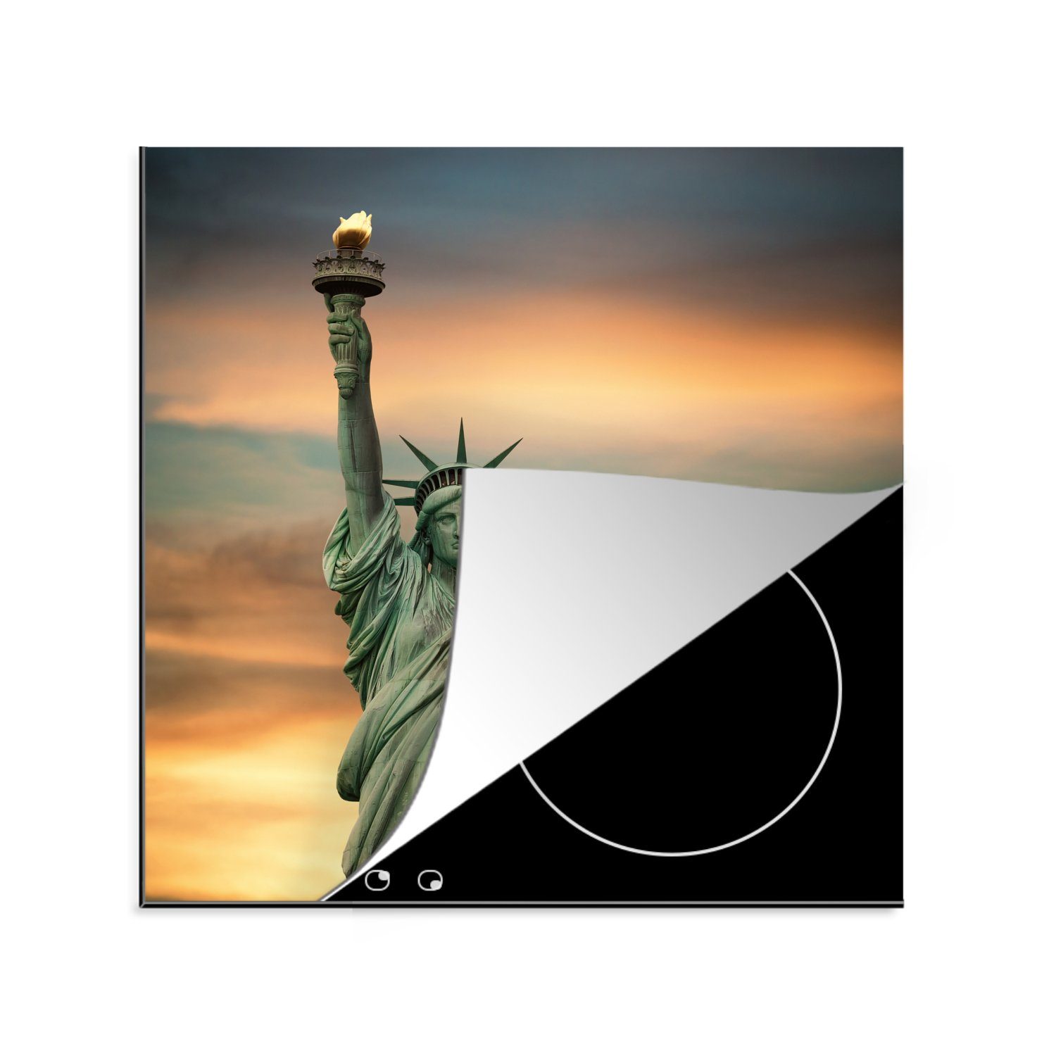 MuchoWow Herdblende-/Abdeckplatte New York - Freiheitsstatue - Sonnenuntergang, Vinyl, (1 tlg), 78x78 cm, Ceranfeldabdeckung, Arbeitsplatte für küche