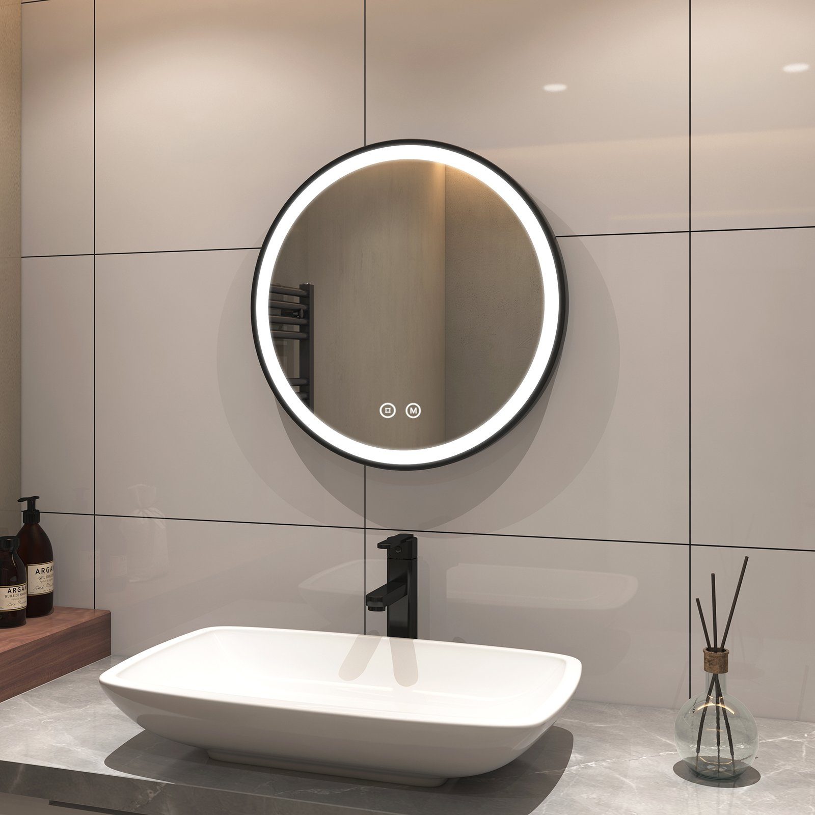 S'AFIELINA Badspiegel Badspiegel mit Beleuchtung Runder Badezimmerspiegel, Touch-Schalter,3000/4000/6500K Lichtfarbe,Energiesparend,IP44