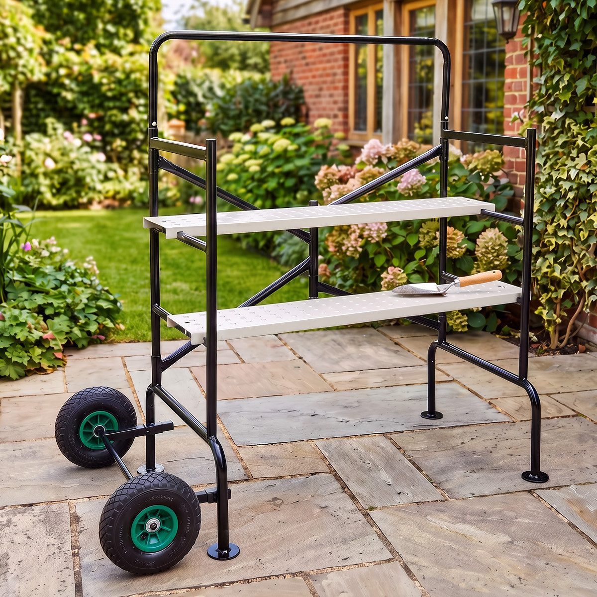 BRAST Arbeitsgerüst Mobil Rollgerüst Arbeitsbühne auf Rädern, 150kg Tragkraft, 2 Plattformen, 56/81cm Höhe, 4 Stabilisierungsfüße, Luftreifen