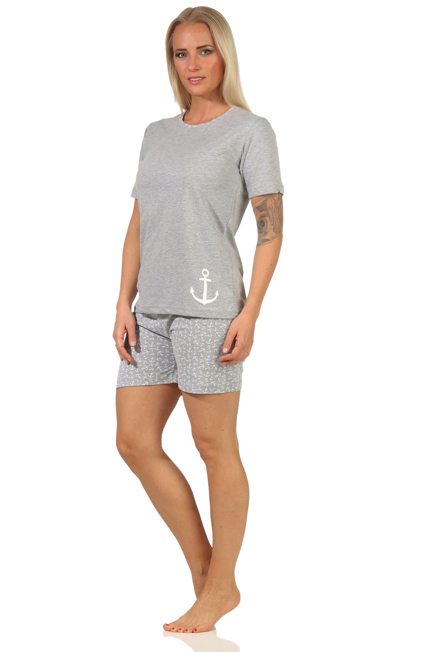 Normann Pyjama mit grau unifarben, Anker-Motiv kurzarm, Shorty by lässigem Damen RELAX Pyjama