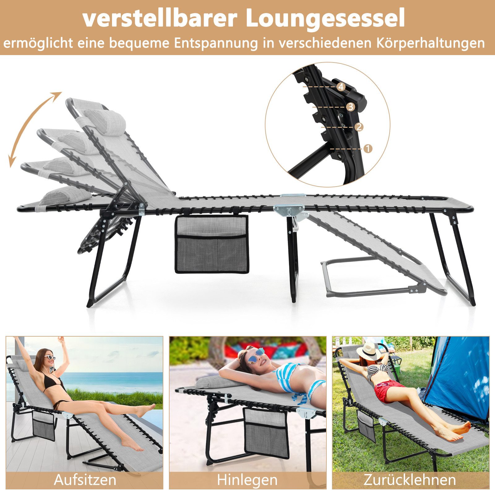 COSTWAY Gartenliege Liegestuhl, 4-Fach verstellbar, klappbar, günstig online kaufen