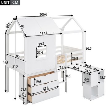 Ulife Hochbett Kinderbett, Hausform, ausziehbarer Tisch, drei Schubladen 90*200cm, Weiß