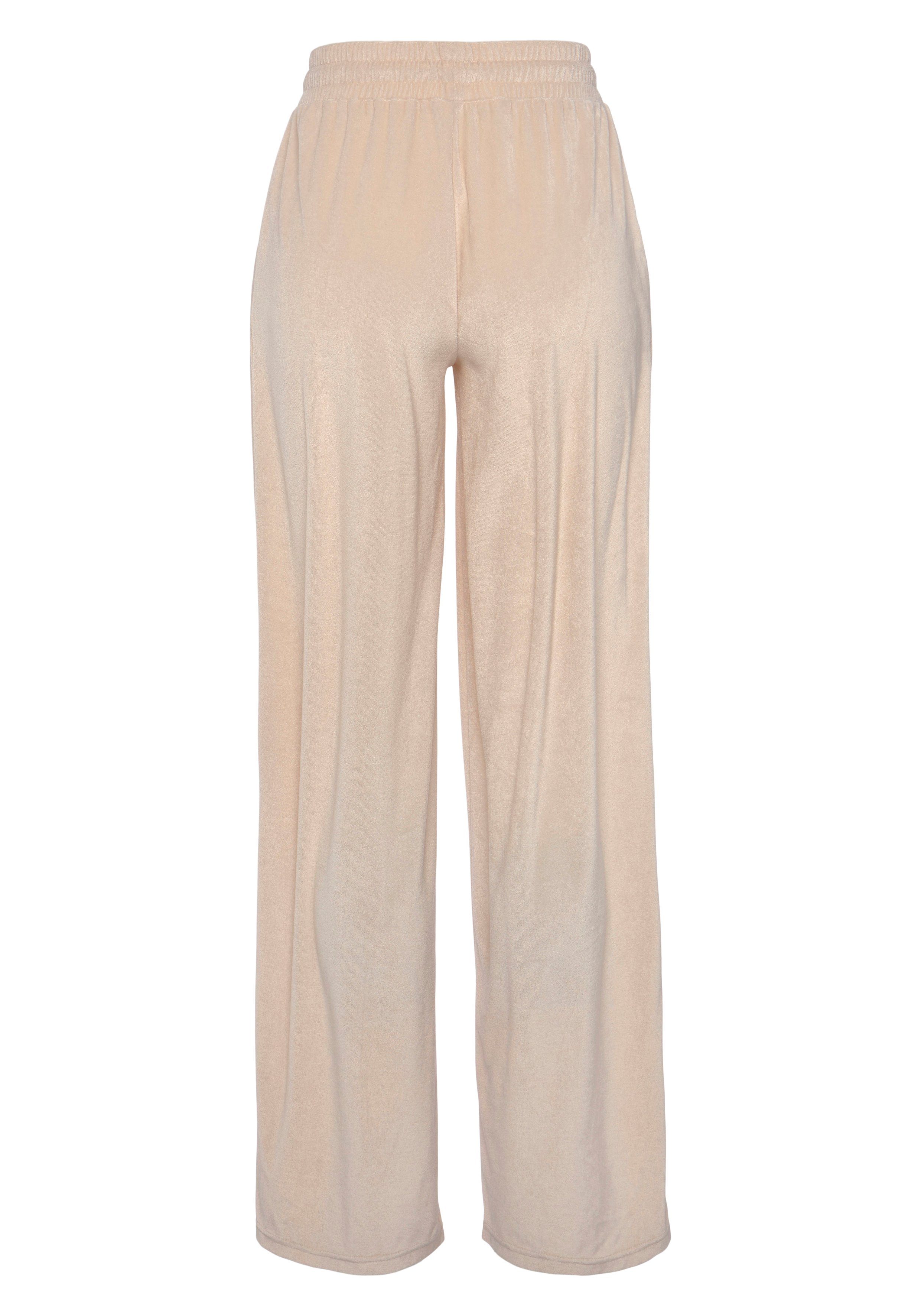 Vivance Nickihose -Loungehose mit glänzendem creme Wording Schmucksteinchen